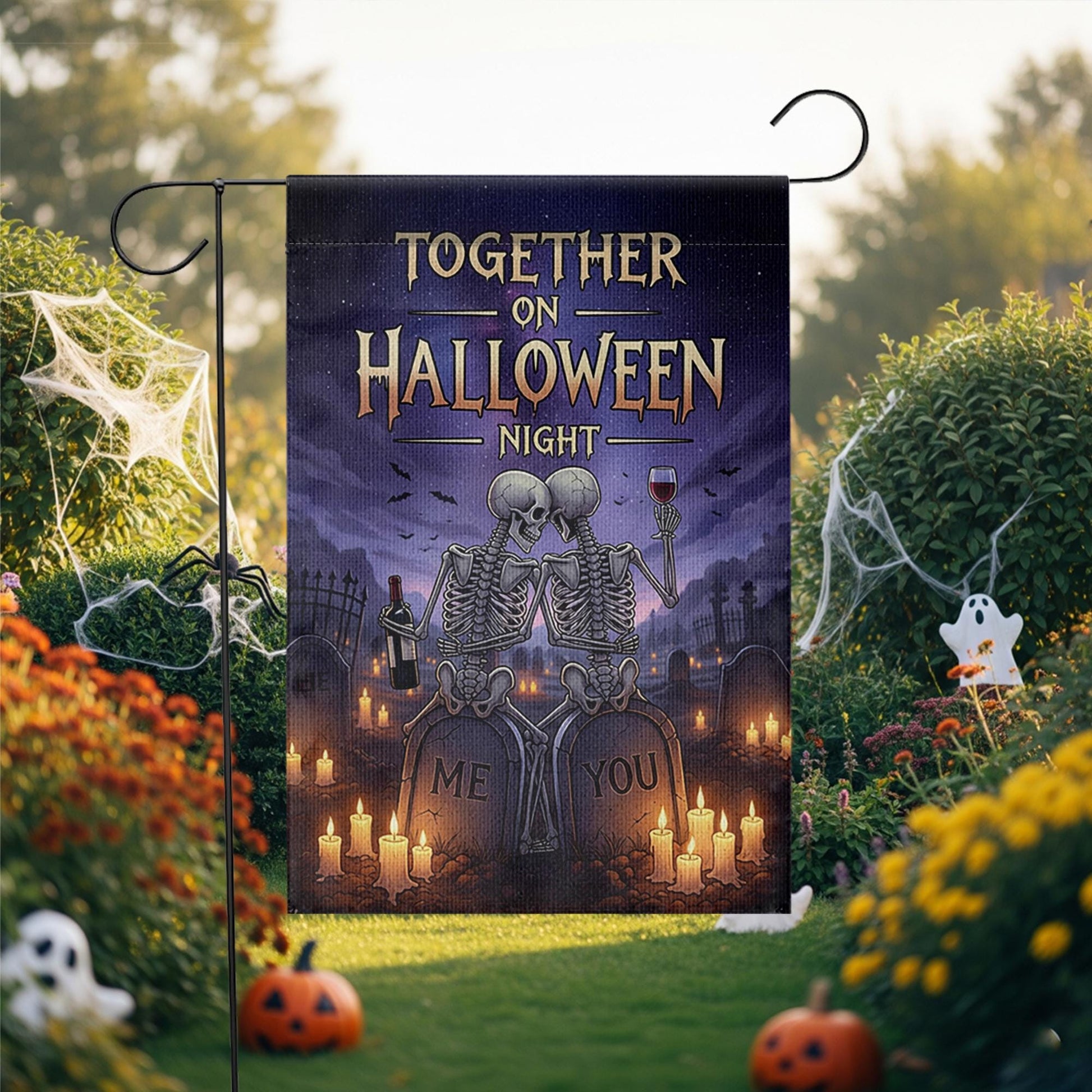 Romantic Skeleton Couple Halloween Garden Flag, Together on Halloween Night Graveyard Banner, Spooky Love Outdoor Decor, Gothic Fall Flag