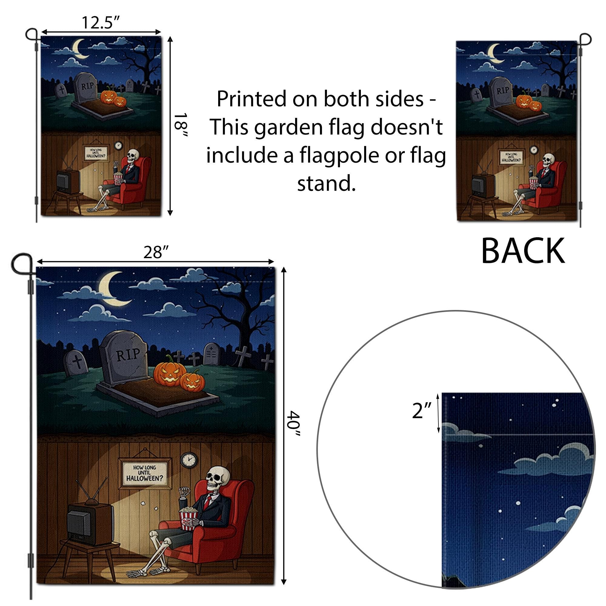 Funny Skeleton Waiting for Halloween Garden Flag, How Long Until Halloween Yard Banner, Spooky Graveyard Outdoor Fall Decor, Halloween Sign
