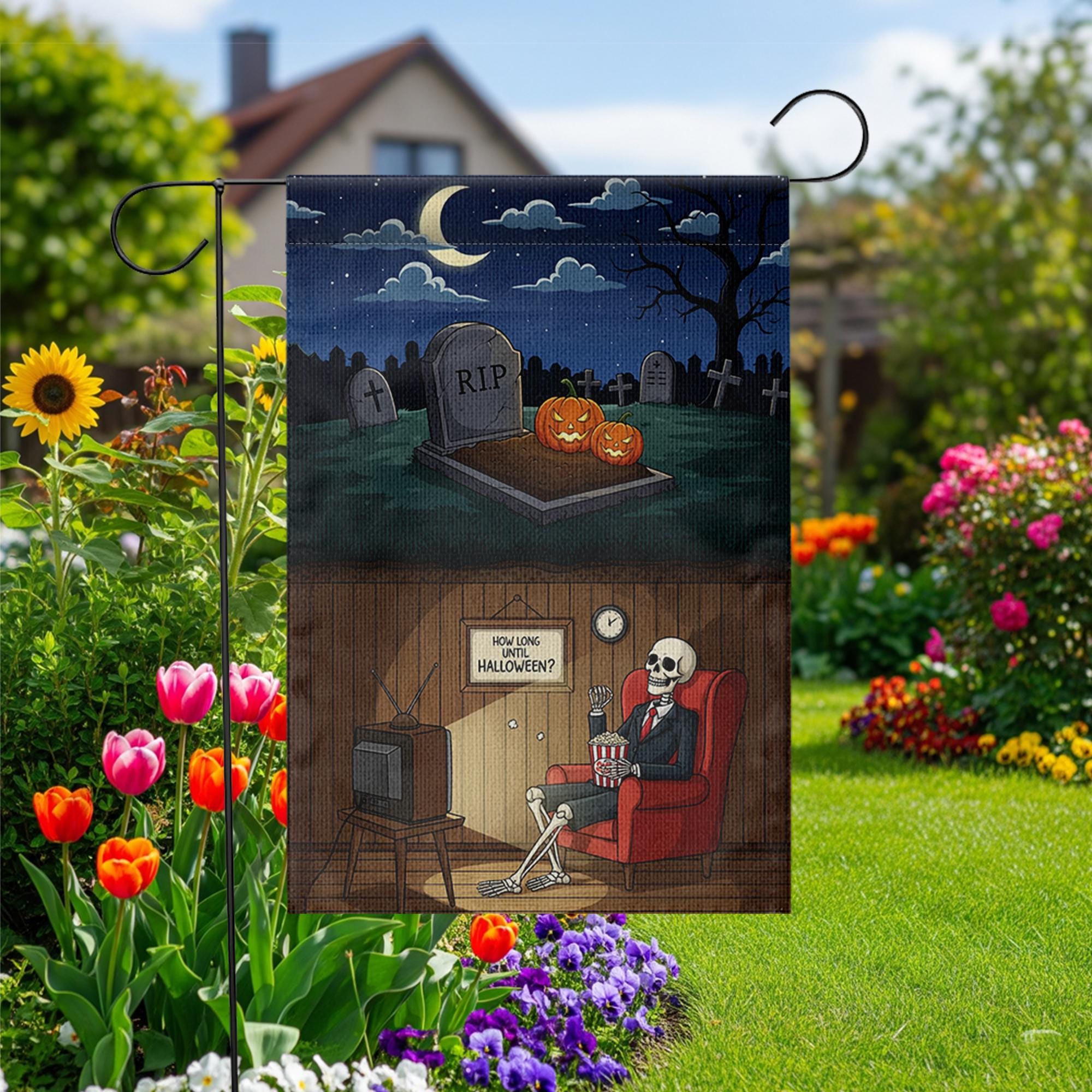 Funny Skeleton Waiting for Halloween Garden Flag, How Long Until Halloween Yard Banner, Spooky Graveyard Outdoor Fall Decor, Halloween Sign