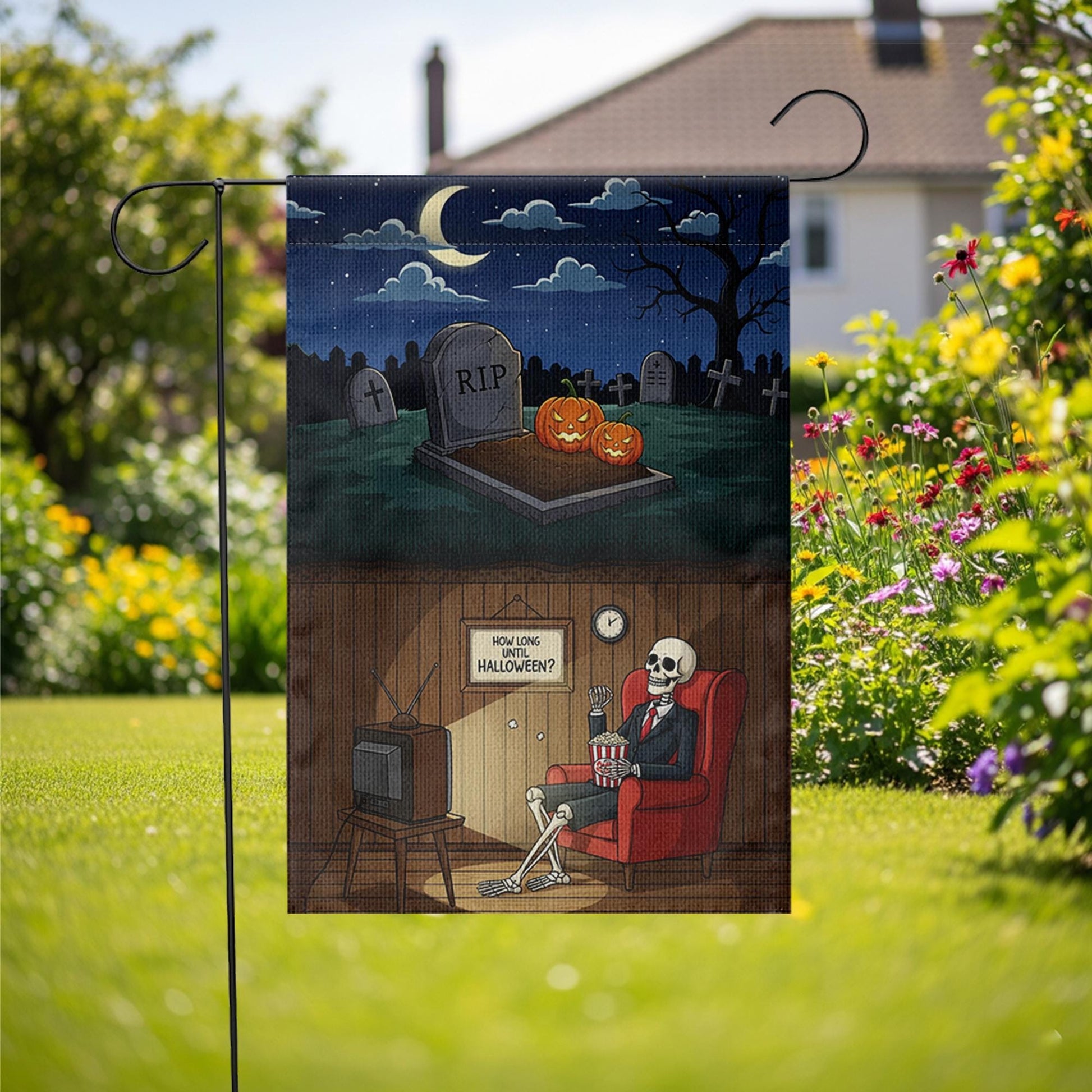 Funny Skeleton Waiting for Halloween Garden Flag, How Long Until Halloween Yard Banner, Spooky Graveyard Outdoor Fall Decor, Halloween Sign