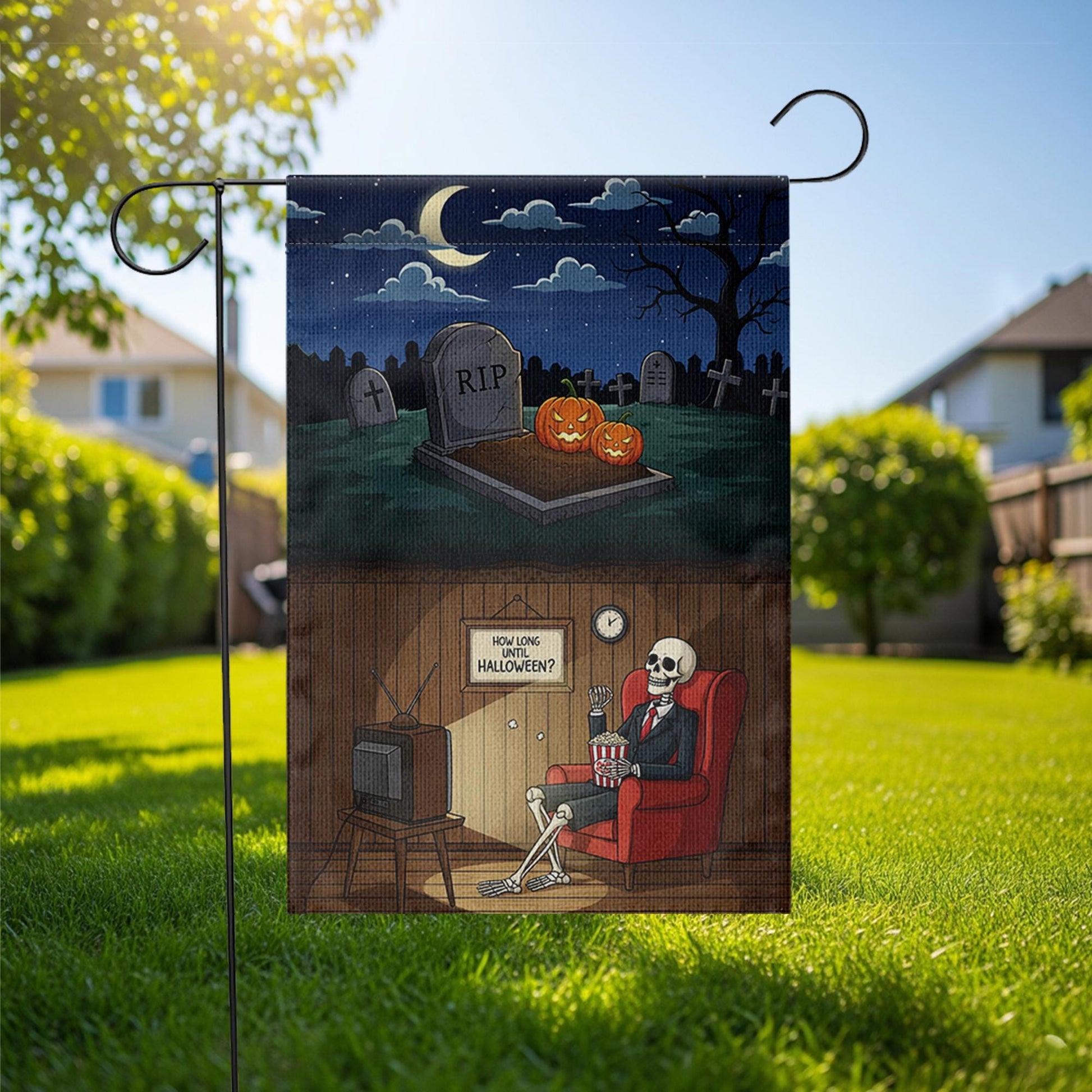 Funny Skeleton Waiting for Halloween Garden Flag, How Long Until Halloween Yard Banner, Spooky Graveyard Outdoor Fall Decor, Halloween Sign