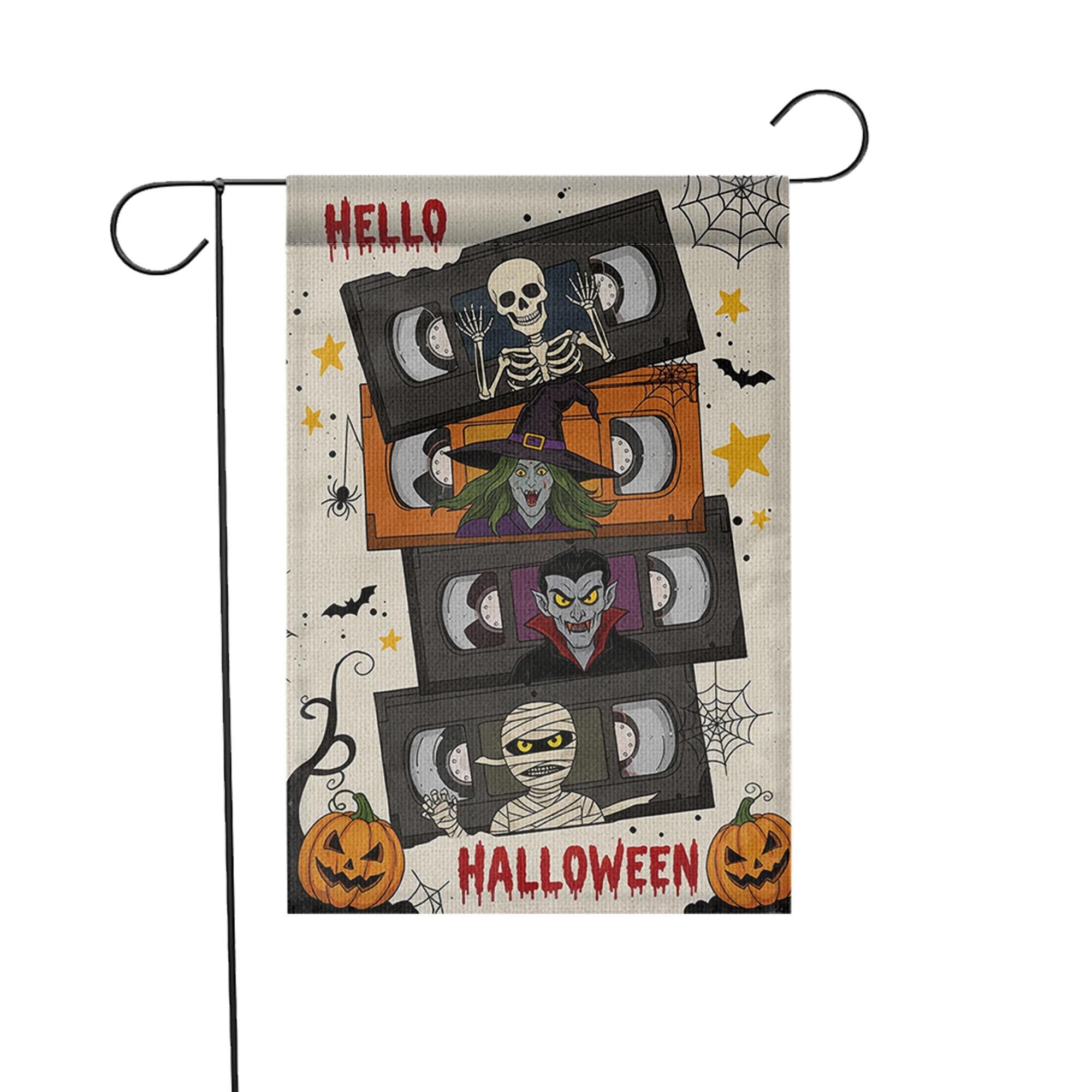 Retro Halloween VHS Garden Flag, Funny Horror Movie Yard Banner, Skeleton Witch Vampire Mummy Outdoor Decor, Spooky Fall Decoration