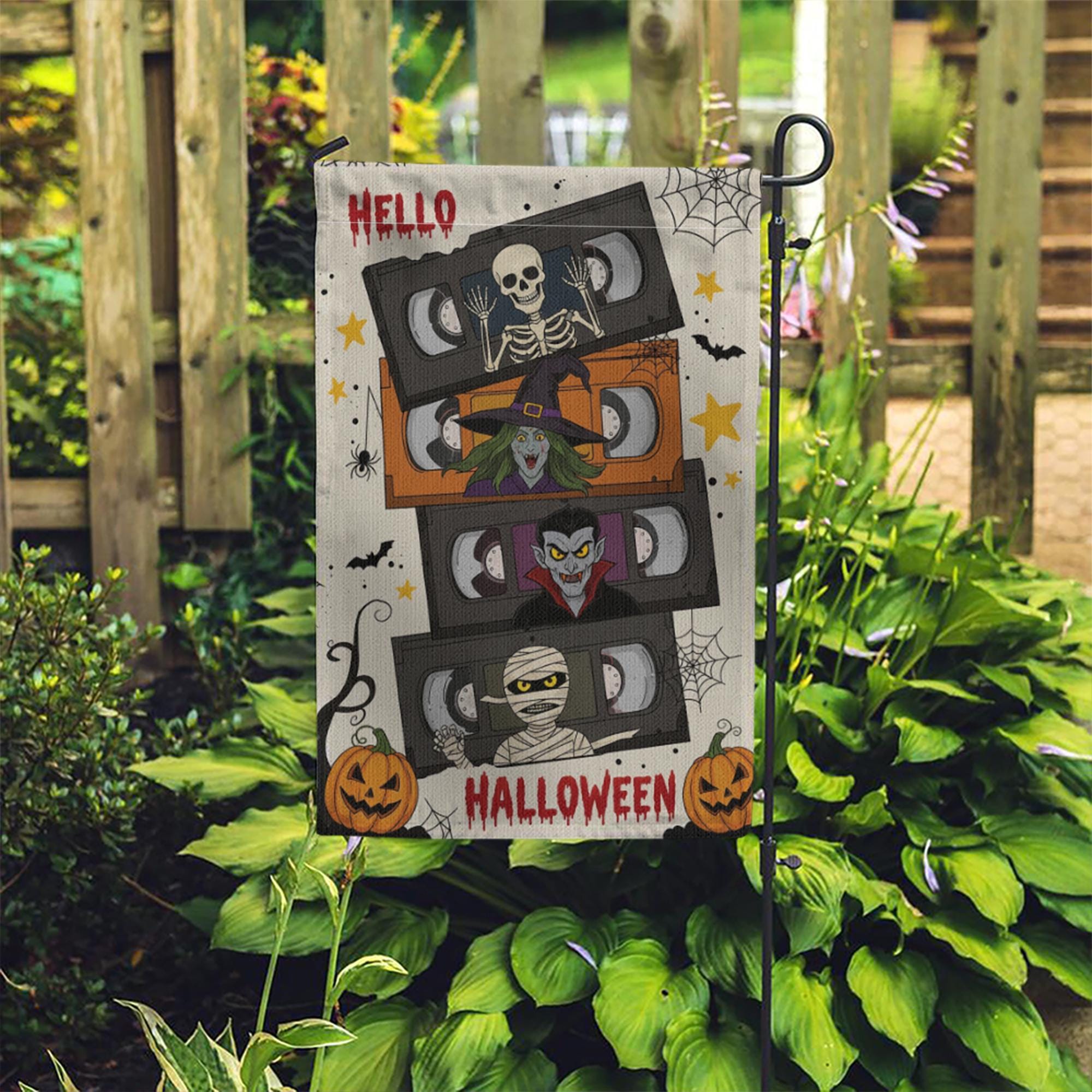 Retro Halloween VHS Garden Flag, Funny Horror Movie Yard Banner, Skeleton Witch Vampire Mummy Outdoor Decor, Spooky Fall Decoration