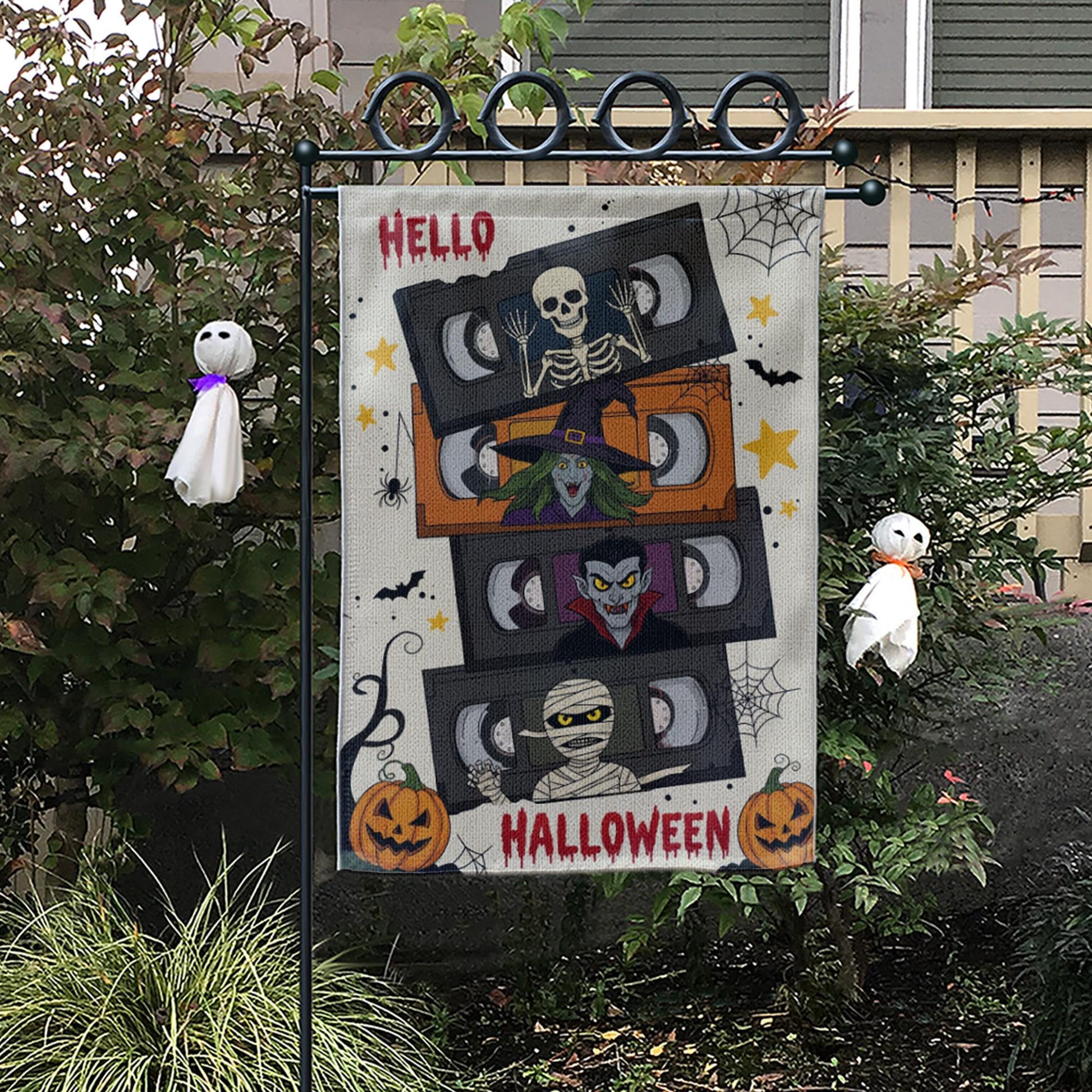 Retro Halloween VHS Garden Flag, Funny Horror Movie Yard Banner, Skeleton Witch Vampire Mummy Outdoor Decor, Spooky Fall Decoration