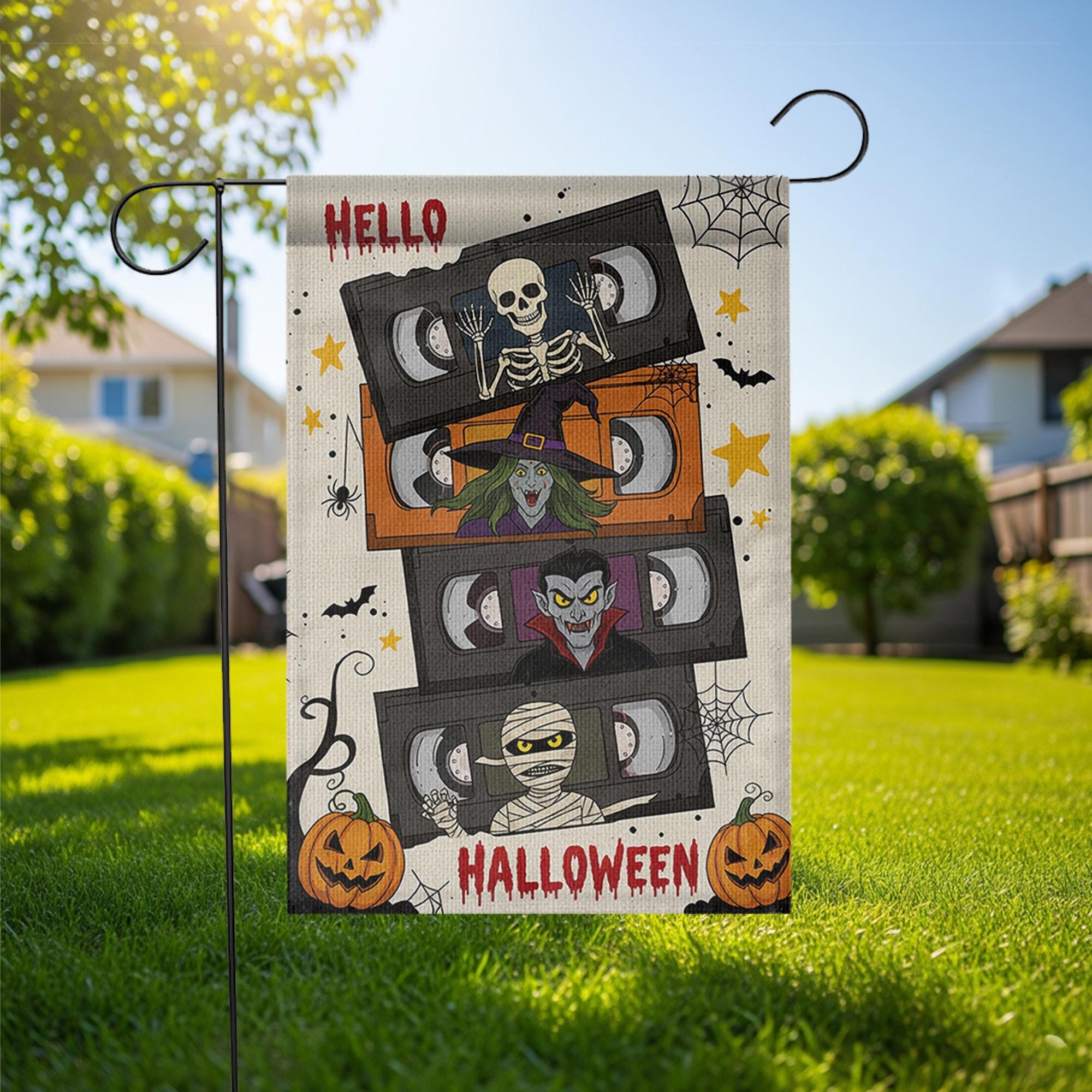 Retro Halloween VHS Garden Flag, Funny Horror Movie Yard Banner, Skeleton Witch Vampire Mummy Outdoor Decor, Spooky Fall Decoration