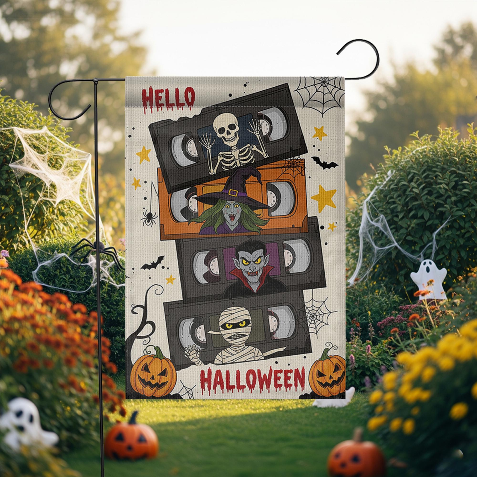 Retro Halloween VHS Garden Flag, Funny Horror Movie Yard Banner, Skeleton Witch Vampire Mummy Outdoor Decor, Spooky Fall Decoration