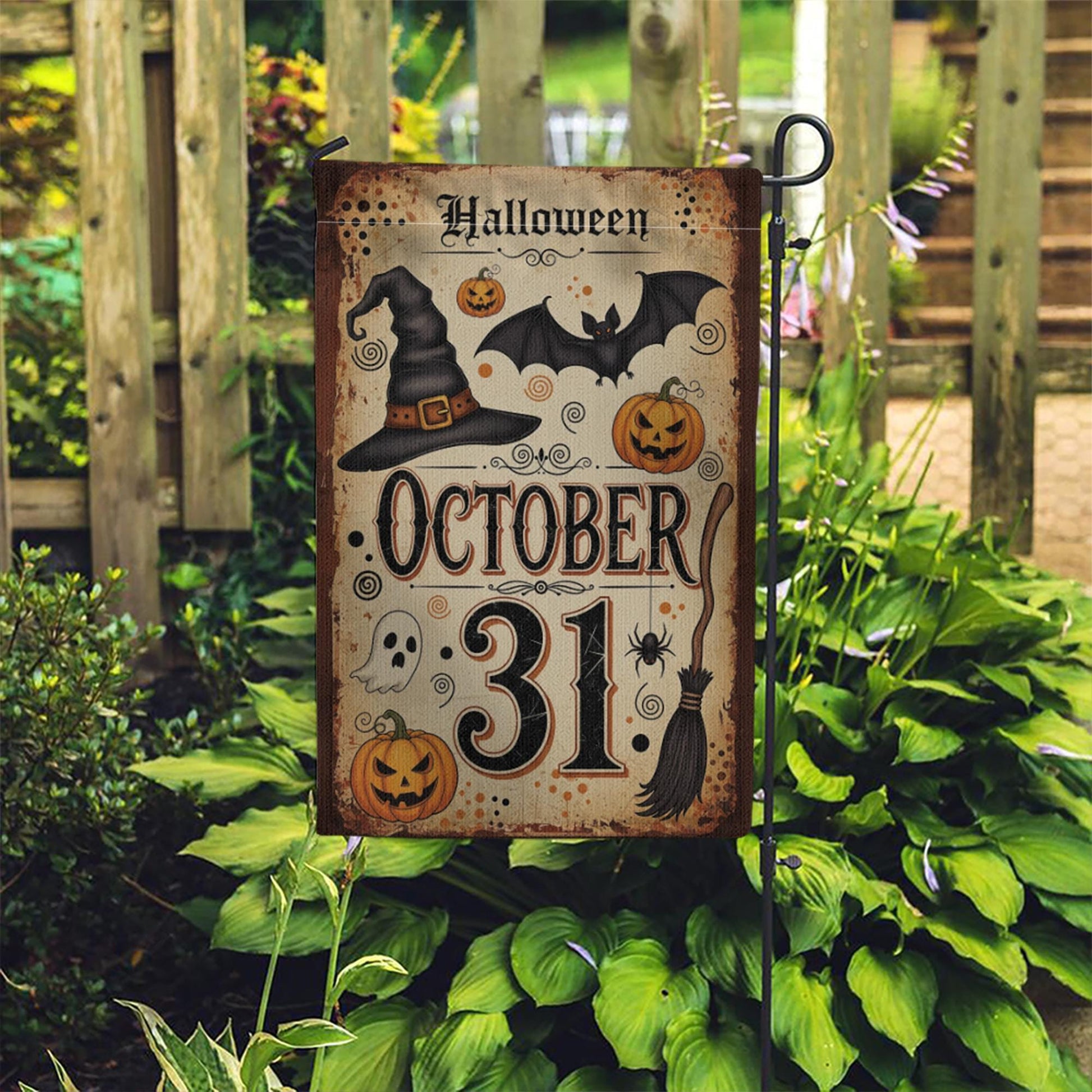 October 31 Halloween Garden Flag, Vintage Witch Pumpkin Bat Ghost Yard Banner, Spooky Fall Outdoor Decor, Halloween Porch Decoration