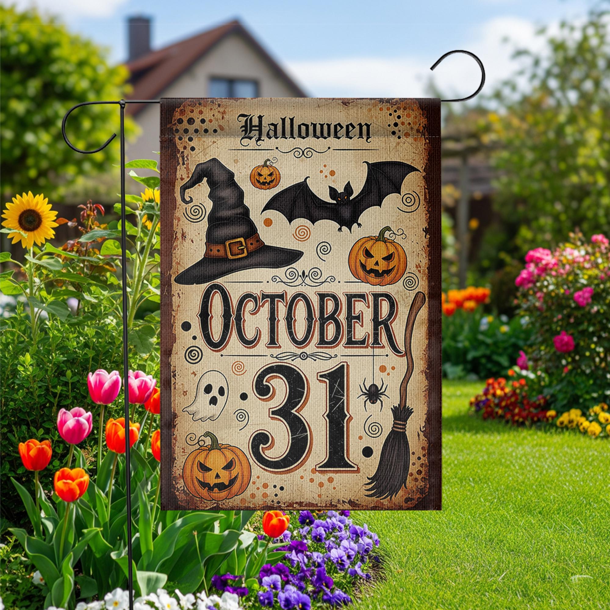 October 31 Halloween Garden Flag, Vintage Witch Pumpkin Bat Ghost Yard Banner, Spooky Fall Outdoor Decor, Halloween Porch Decoration