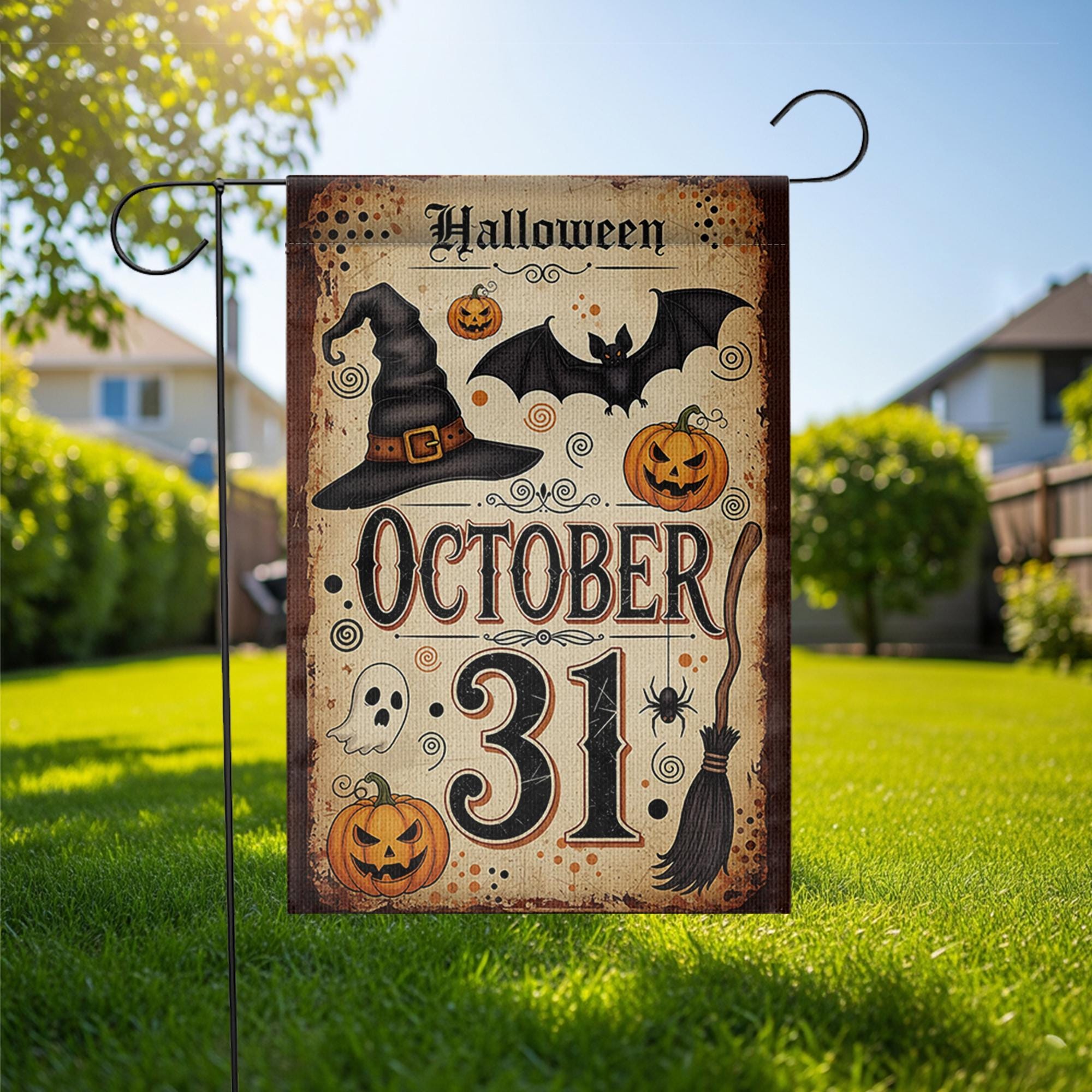 October 31 Halloween Garden Flag, Vintage Witch Pumpkin Bat Ghost Yard Banner, Spooky Fall Outdoor Decor, Halloween Porch Decoration