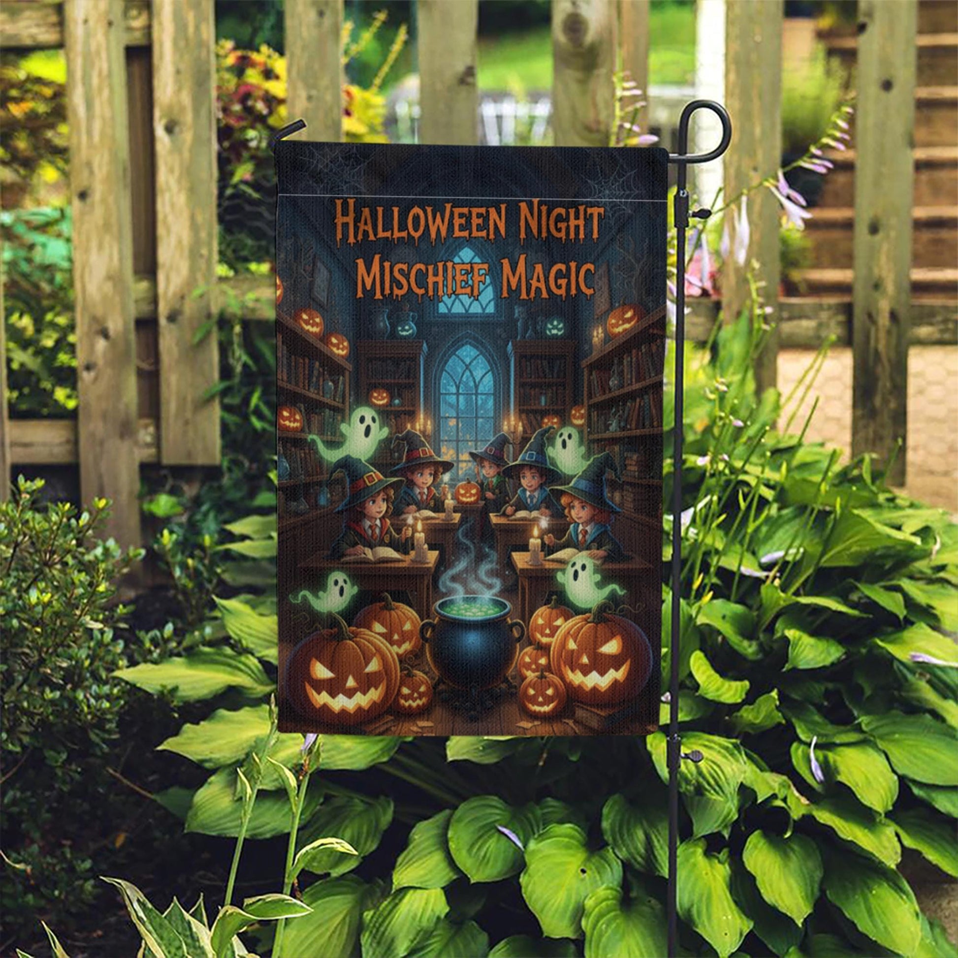 Halloween Night Mischief Magic Garden Flag, Witch Kids Pumpkin Ghost Yard Banner, Spooky Outdoor Halloween Decor, Cute Trick or Treat Witch