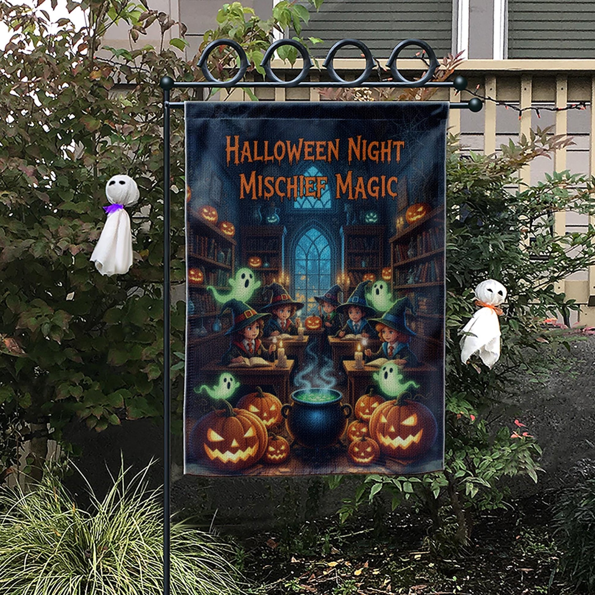 Halloween Night Mischief Magic Garden Flag, Witch Kids Pumpkin Ghost Yard Banner, Spooky Outdoor Halloween Decor, Cute Trick or Treat Witch
