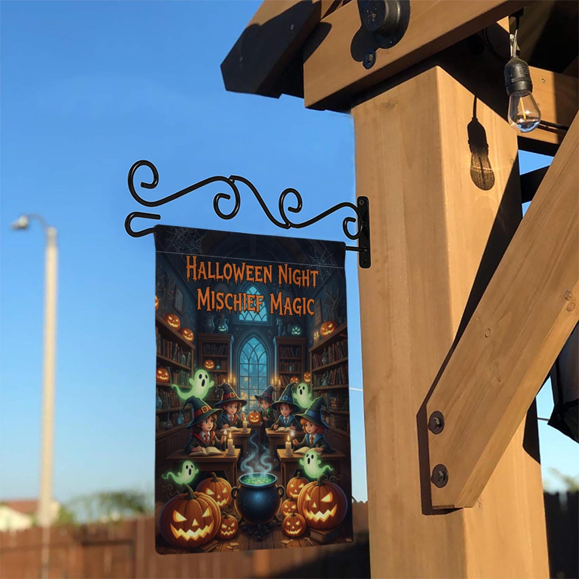 Halloween Night Mischief Magic Garden Flag, Witch Kids Pumpkin Ghost Yard Banner, Spooky Outdoor Halloween Decor, Cute Trick or Treat Witch