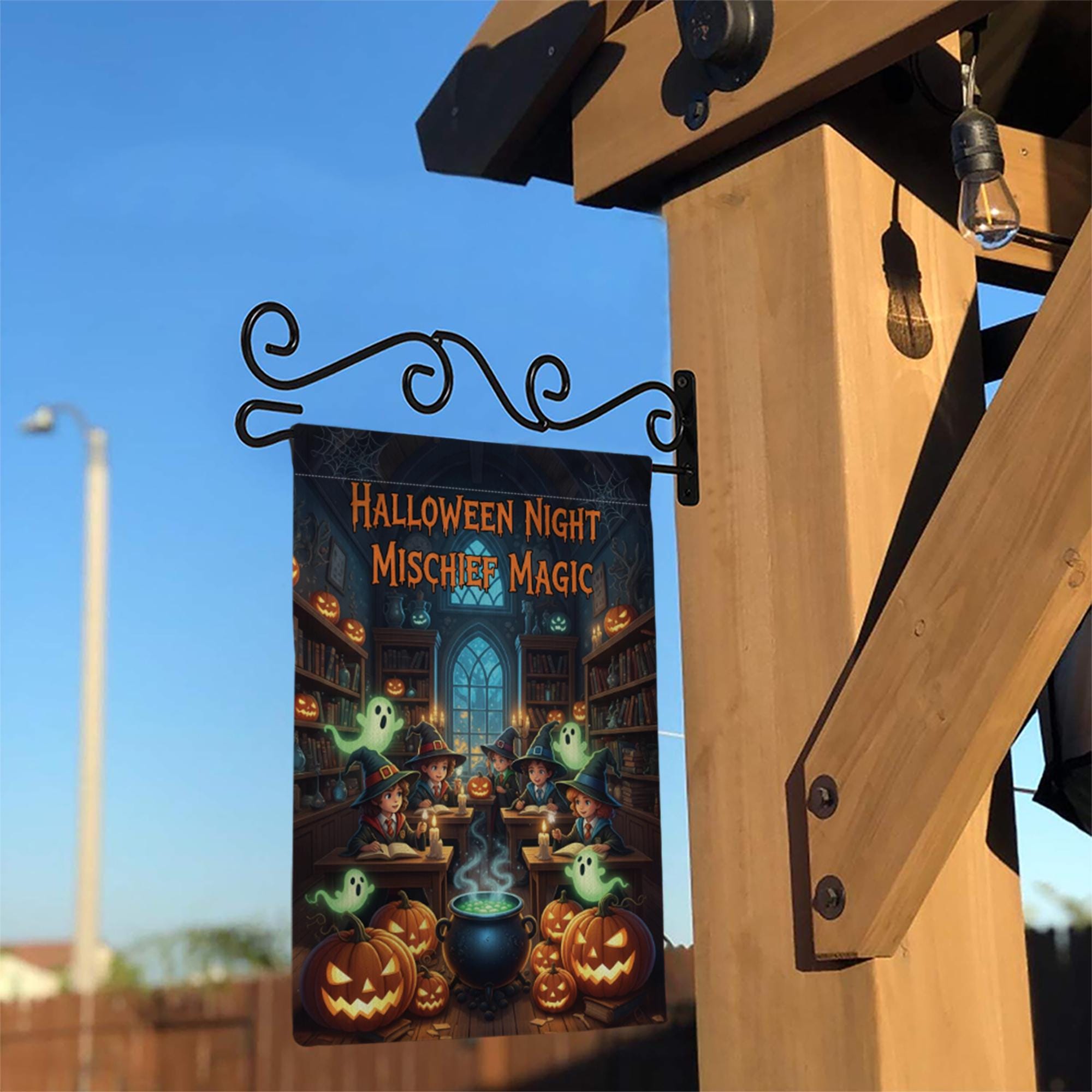 Halloween Night Mischief Magic Garden Flag, Witch Kids Pumpkin Ghost Yard Banner, Spooky Outdoor Halloween Decor, Cute Trick or Treat Witch