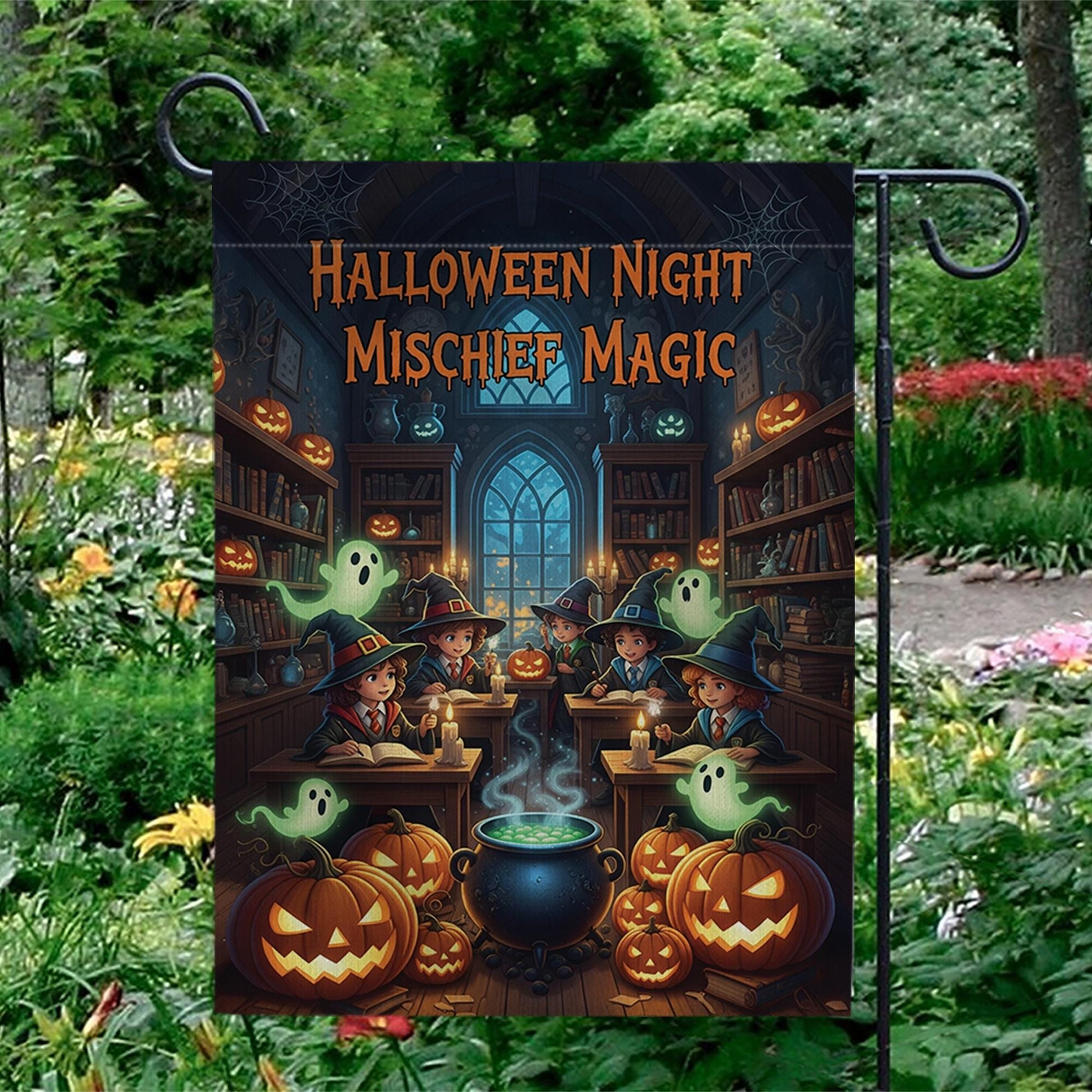 Halloween Night Mischief Magic Garden Flag, Witch Kids Pumpkin Ghost Yard Banner, Spooky Outdoor Halloween Decor, Cute Trick or Treat Witch