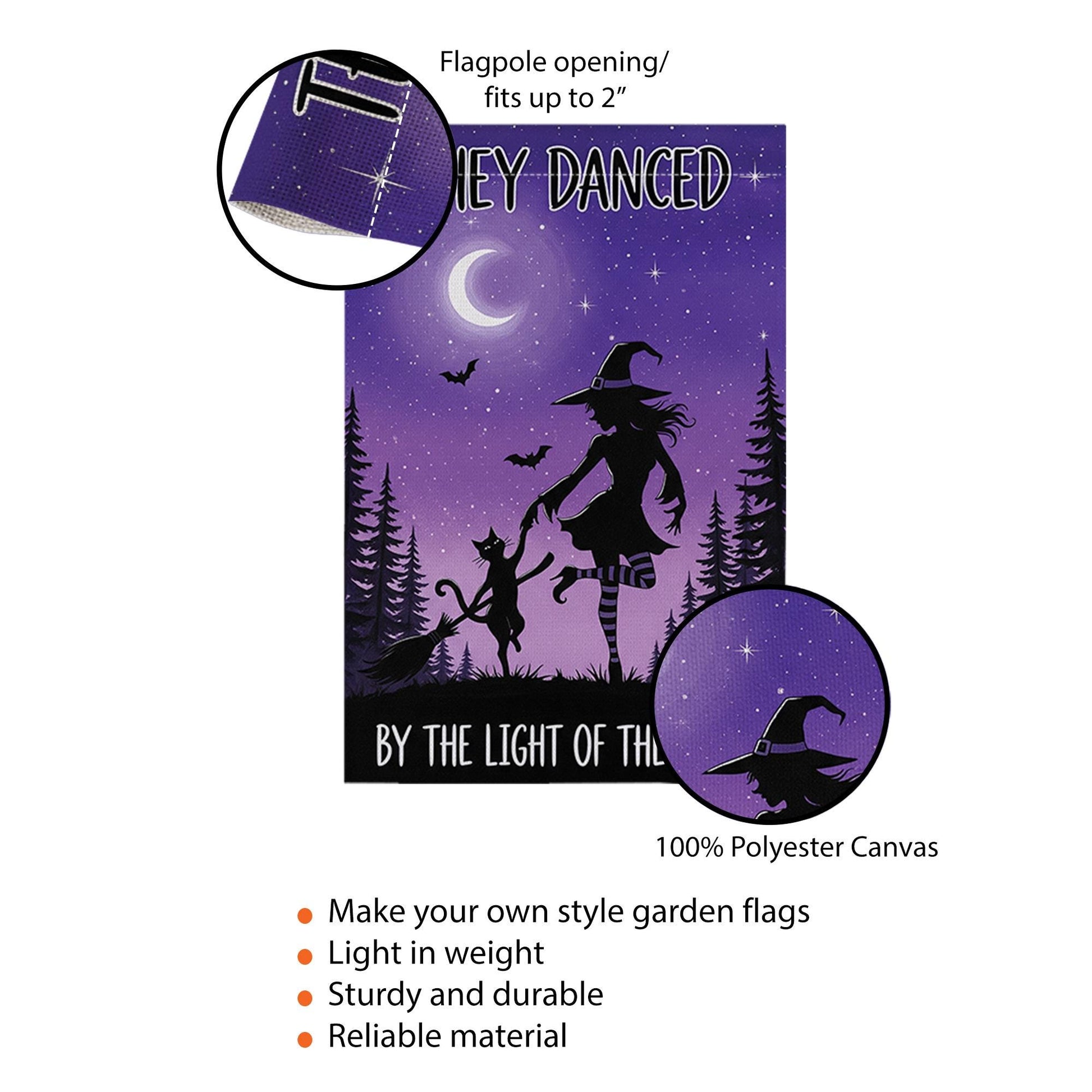 Witch and Cat Dancing Garden Flag, Halloween Moon Outdoor Banner, They Danced By the Light of the Moon Decor, Spooky Fall Yard Flag