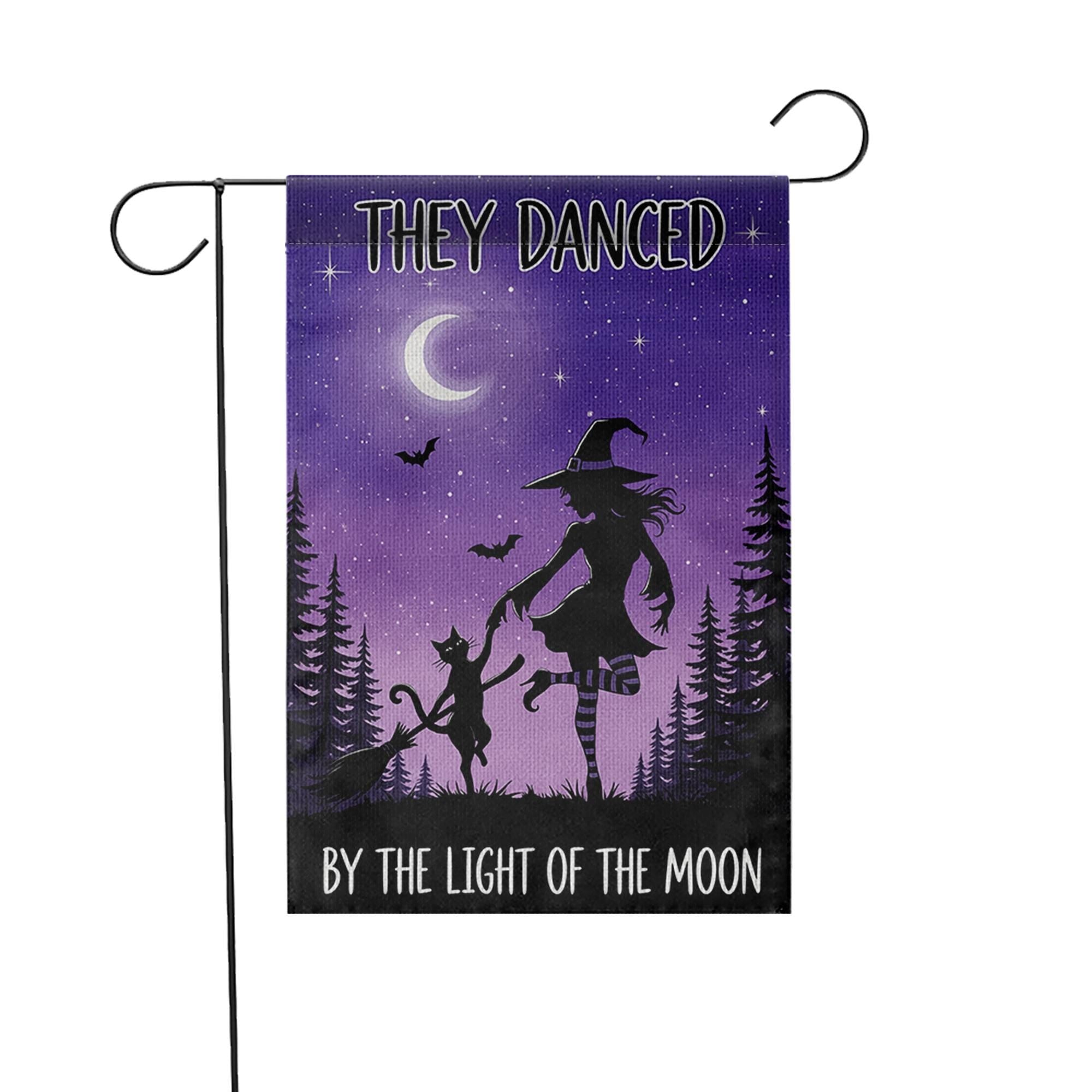 Witch and Cat Dancing Garden Flag, Halloween Moon Outdoor Banner, They Danced By the Light of the Moon Decor, Spooky Fall Yard Flag