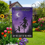 Witch and Cat Dancing Garden Flag, Halloween Moon Outdoor Banner, They Danced By the Light of the Moon Decor, Spooky Fall Yard Flag
