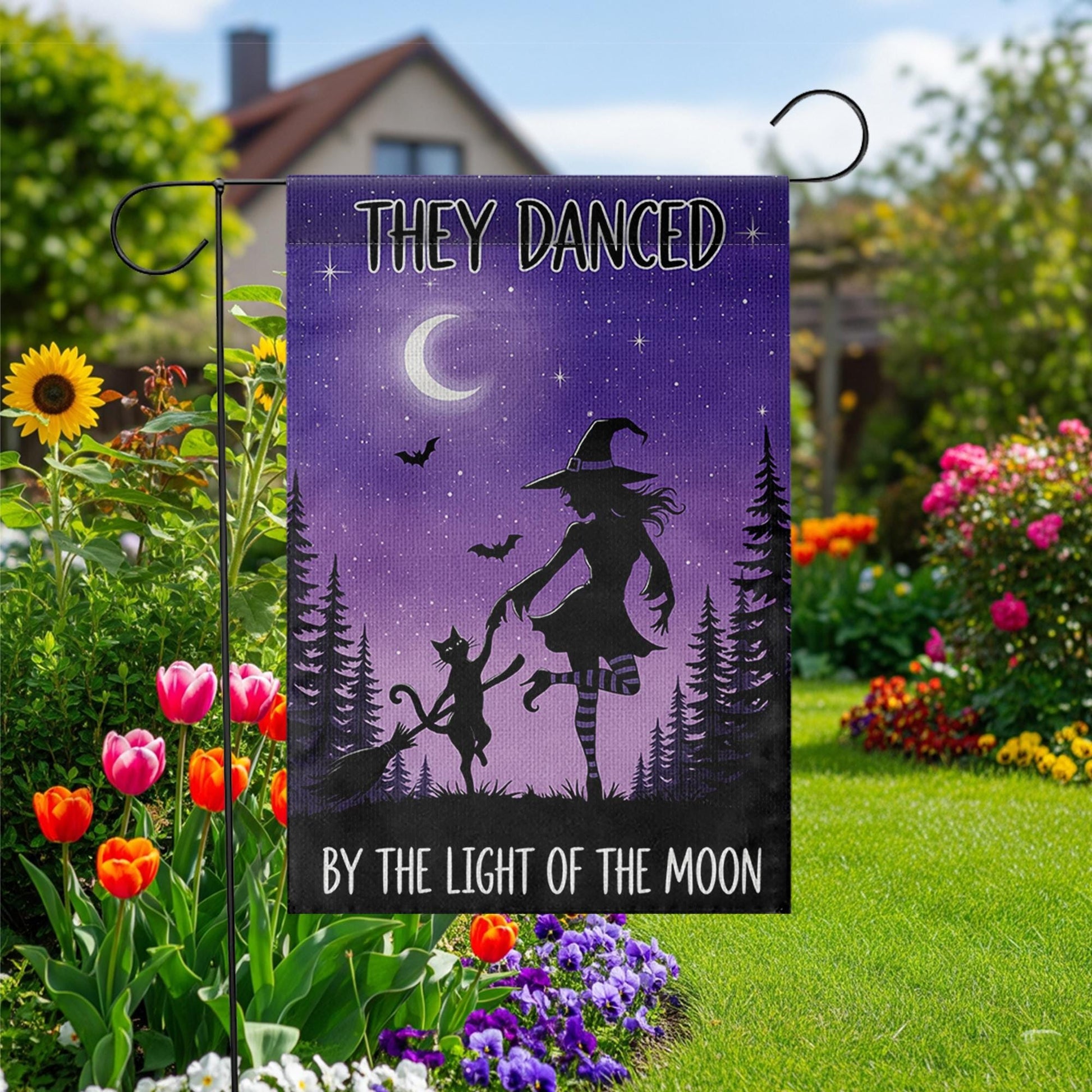 Witch and Cat Dancing Garden Flag, Halloween Moon Outdoor Banner, They Danced By the Light of the Moon Decor, Spooky Fall Yard Flag