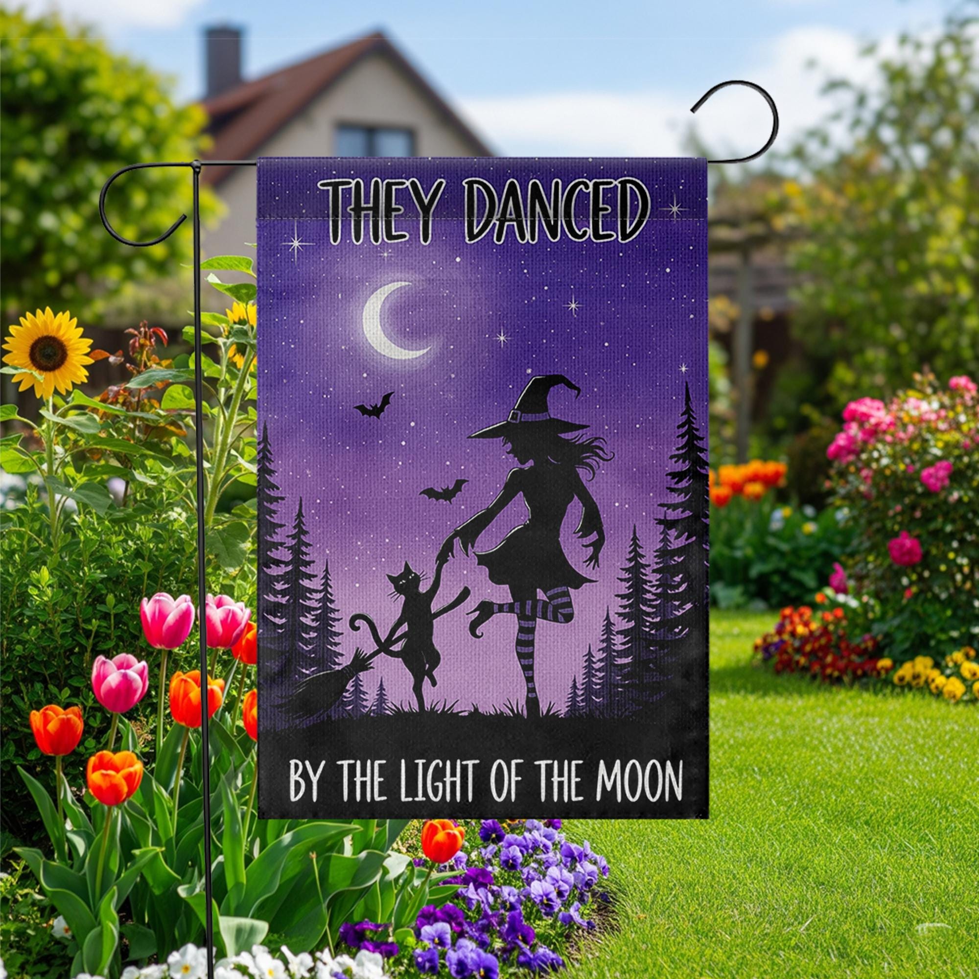 Witch and Cat Dancing Garden Flag, Halloween Moon Outdoor Banner, They Danced By the Light of the Moon Decor, Spooky Fall Yard Flag
