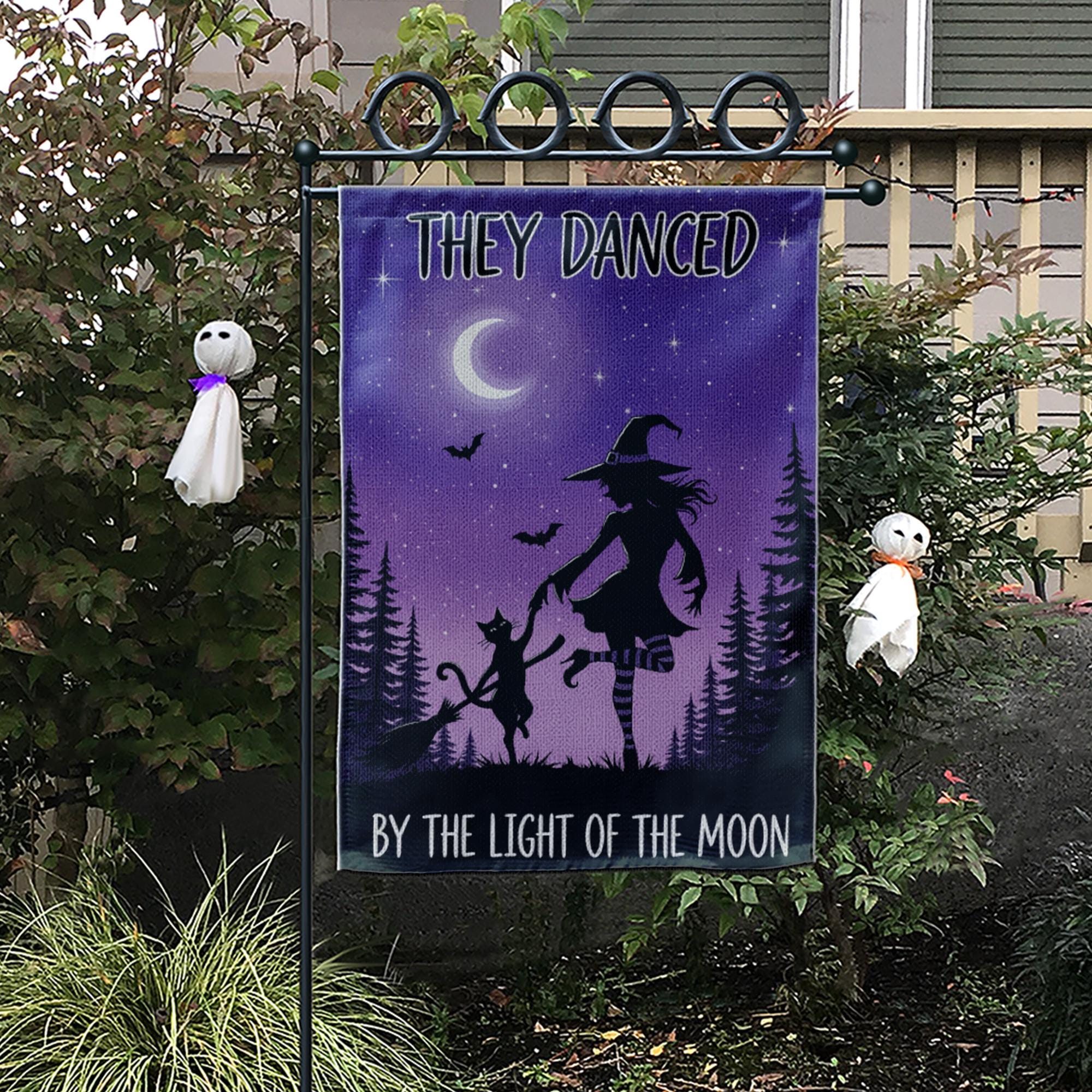 Witch and Cat Dancing Garden Flag, Halloween Moon Outdoor Banner, They Danced By the Light of the Moon Decor, Spooky Fall Yard Flag