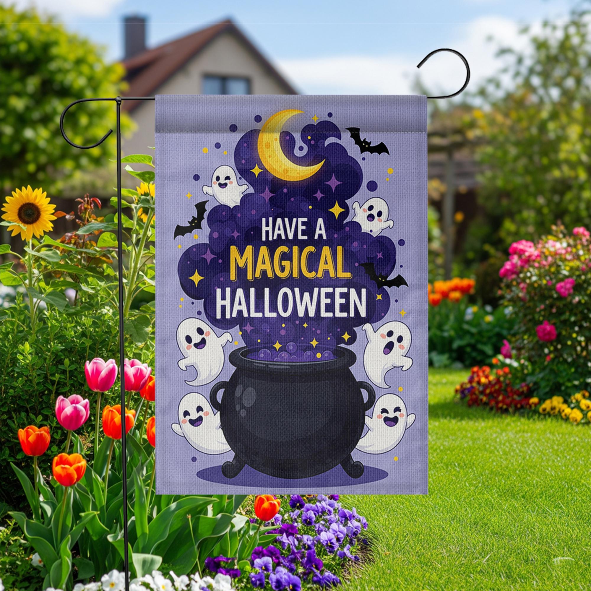 Have a Magical Halloween Garden Flag, Cute Ghost Cauldron Outdoor Banner, Spooky Moon Bat Fall Yard Decoration, Fun Halloween Flag