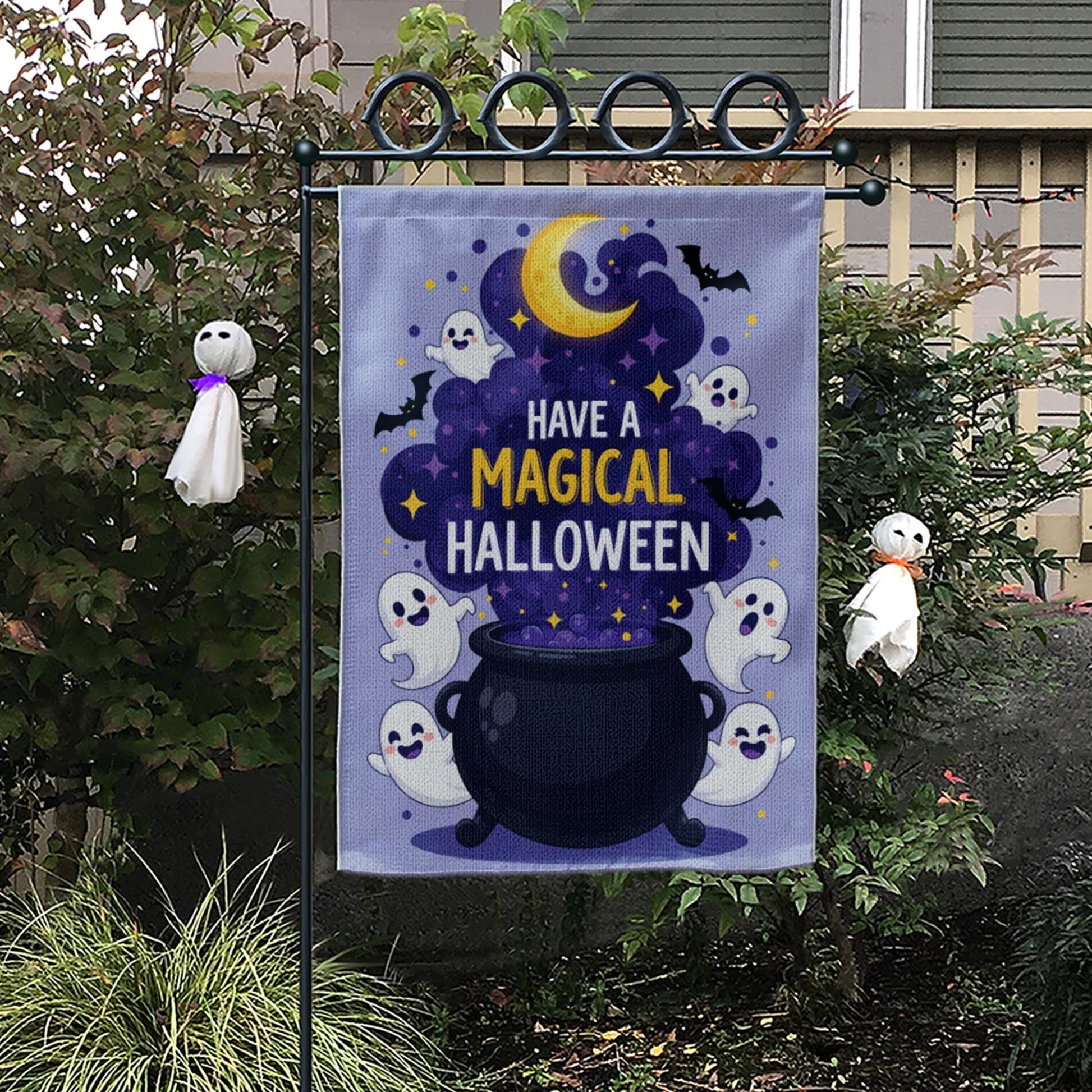 Have a Magical Halloween Garden Flag, Cute Ghost Cauldron Outdoor Banner, Spooky Moon Bat Fall Yard Decoration, Fun Halloween Flag