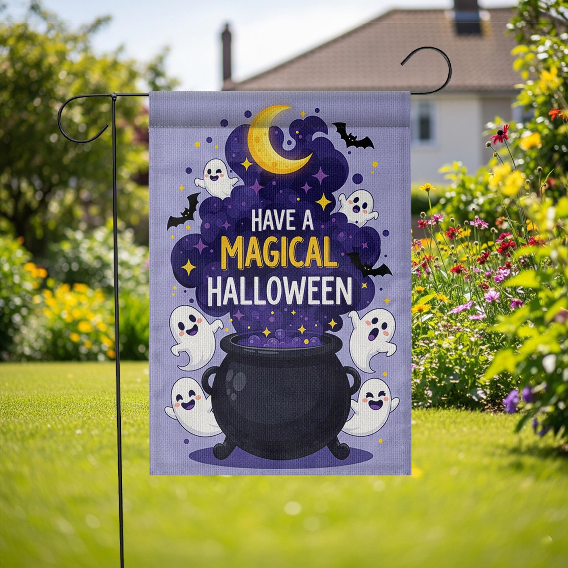 Have a Magical Halloween Garden Flag, Cute Ghost Cauldron Outdoor Banner, Spooky Moon Bat Fall Yard Decoration, Fun Halloween Flag
