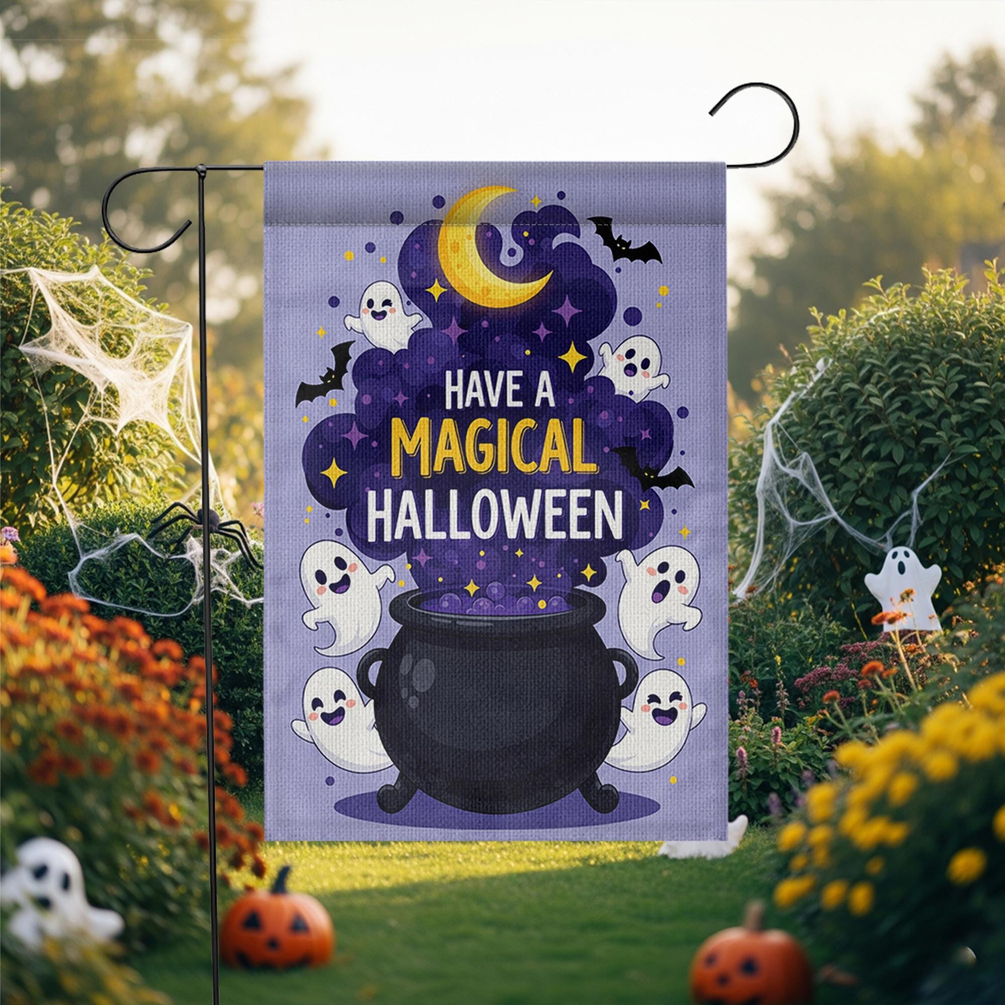Have a Magical Halloween Garden Flag, Cute Ghost Cauldron Outdoor Banner, Spooky Moon Bat Fall Yard Decoration, Fun Halloween Flag