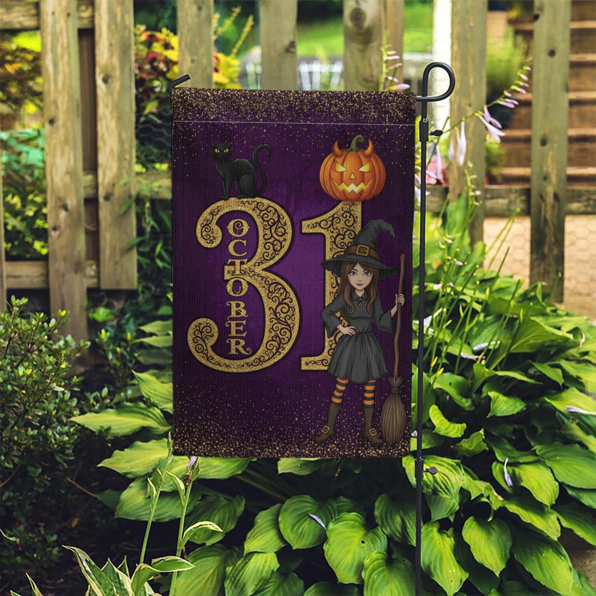 October 31 Halloween Garden Flag, Witch Black Cat Pumpkin Yard Banner, Purple Fall Outdoor Decoration, Trick or Treat Witch Flag