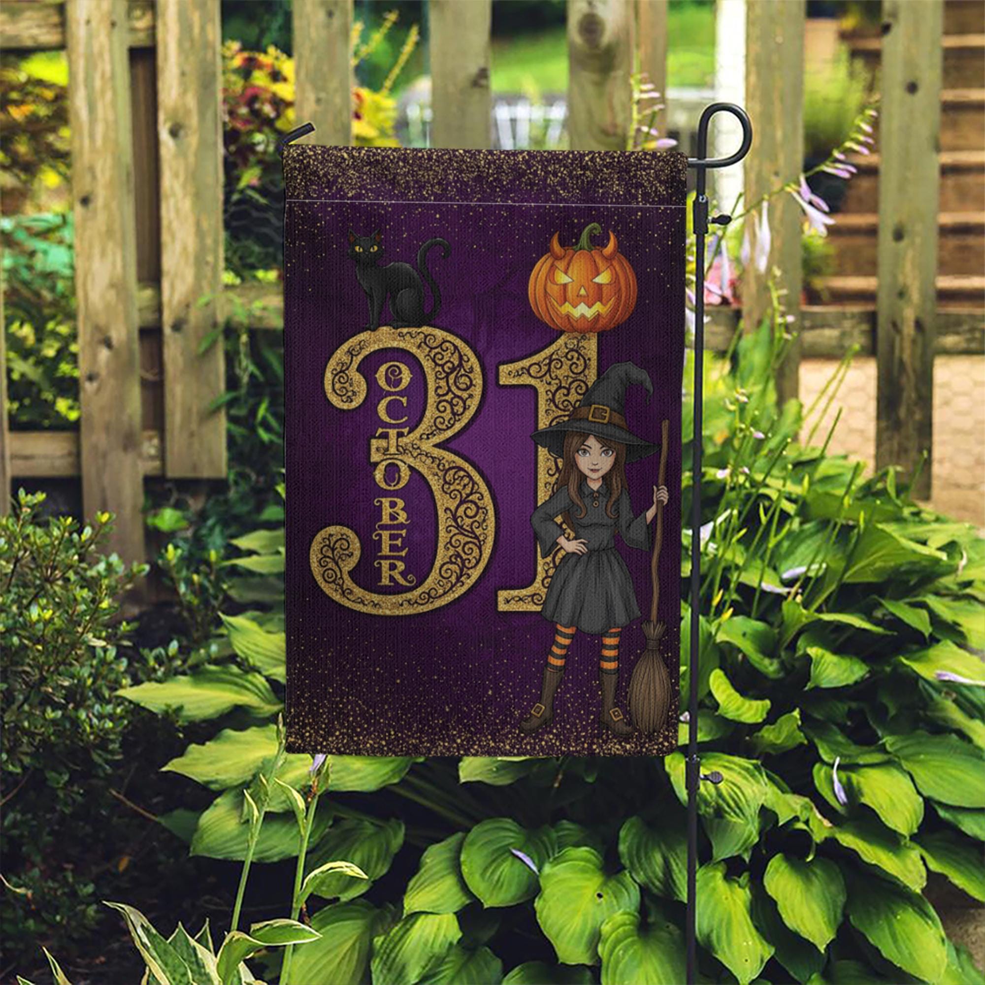 October 31 Halloween Garden Flag, Witch Black Cat Pumpkin Yard Banner, Purple Fall Outdoor Decoration, Trick or Treat Witch Flag
