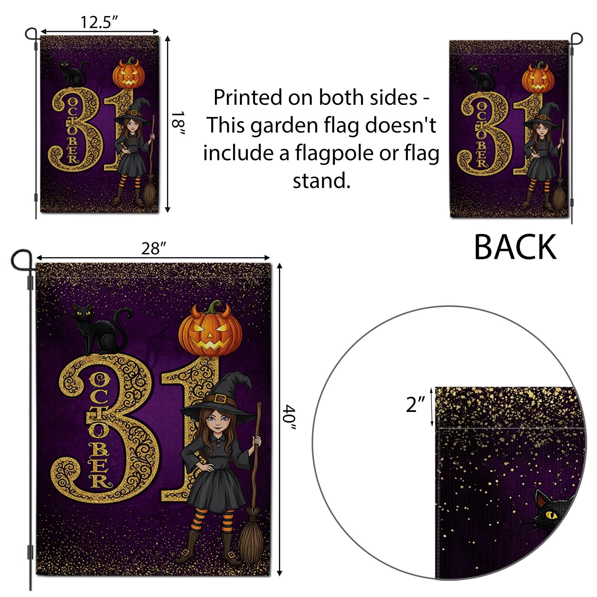 October 31 Halloween Garden Flag, Witch Black Cat Pumpkin Yard Banner, Purple Fall Outdoor Decoration, Trick or Treat Witch Flag