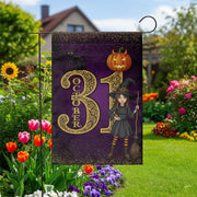 October 31 Halloween Garden Flag, Witch Black Cat Pumpkin Yard Banner, Purple Fall Outdoor Decoration, Trick or Treat Witch Flag