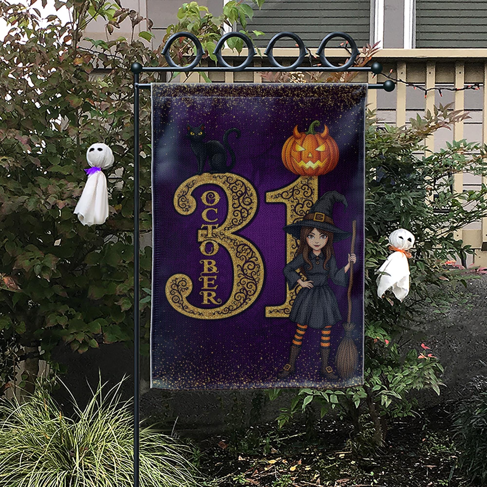 October 31 Halloween Garden Flag, Witch Black Cat Pumpkin Yard Banner, Purple Fall Outdoor Decoration, Trick or Treat Witch Flag