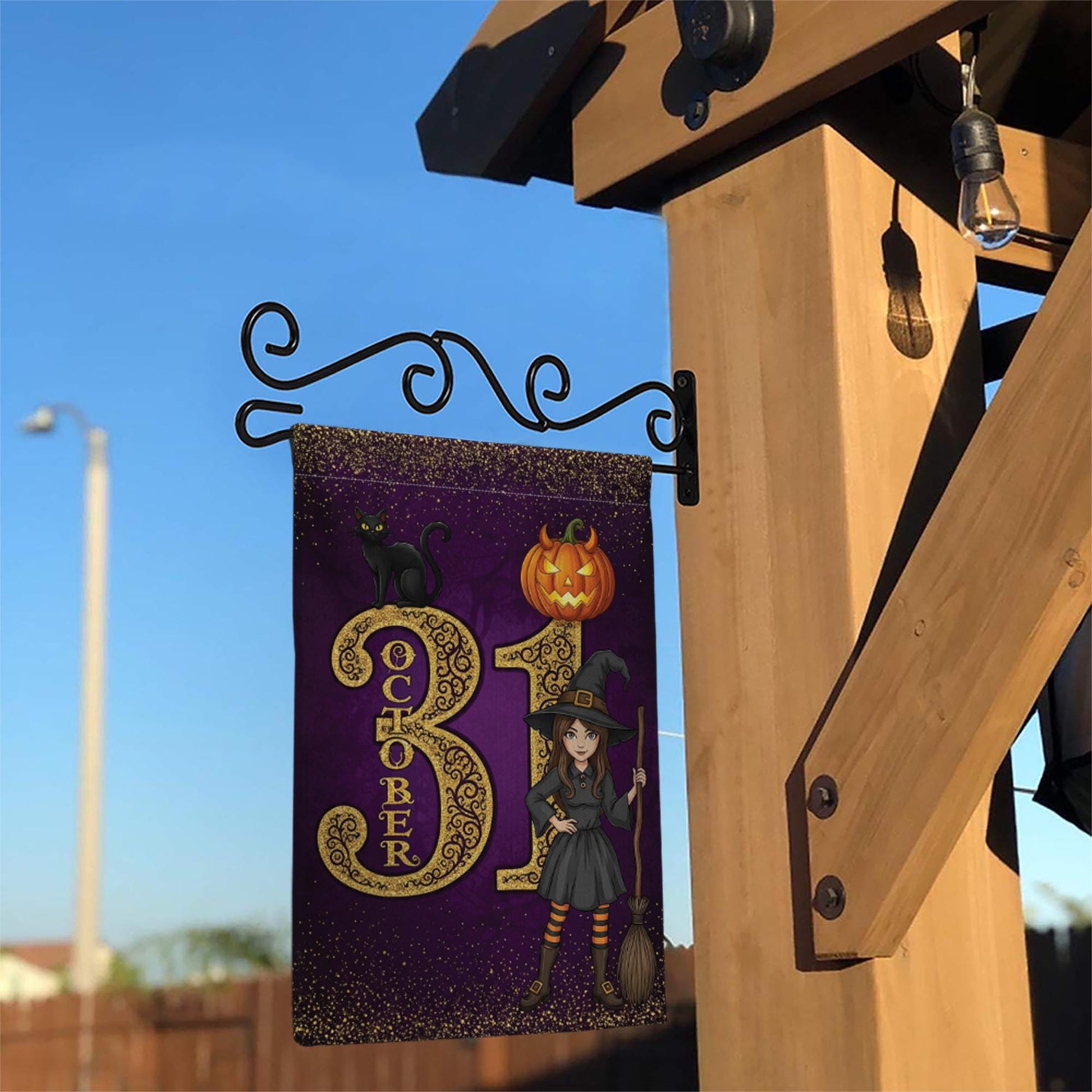 October 31 Halloween Garden Flag, Witch Black Cat Pumpkin Yard Banner, Purple Fall Outdoor Decoration, Trick or Treat Witch Flag
