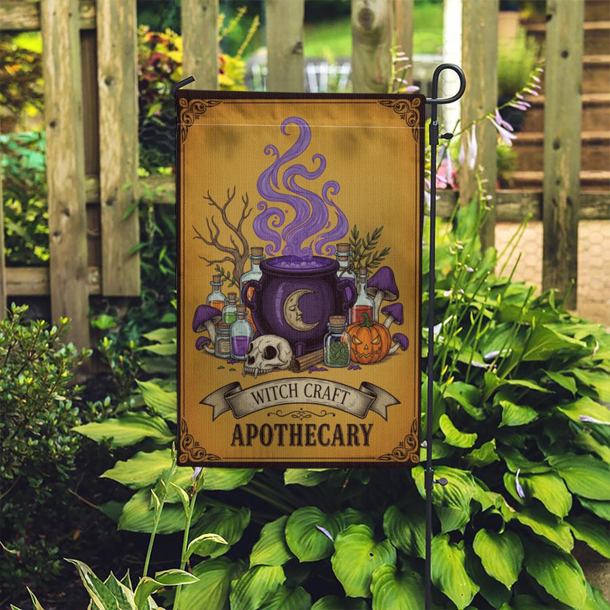 Witch Craft Apothecary Garden Flag, Potion Skull Pumpkin Yard Banner, Spooky Witch Cauldron Fall Outdoor Decor, Halloween Flag