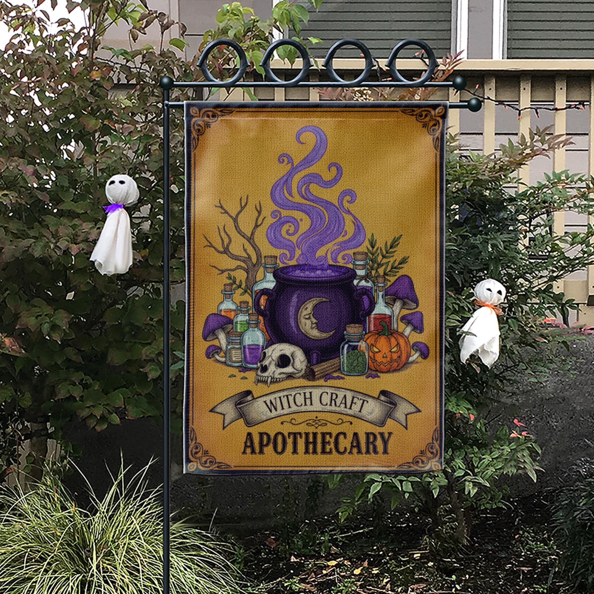 Witch Craft Apothecary Garden Flag, Potion Skull Pumpkin Yard Banner, Spooky Witch Cauldron Fall Outdoor Decor, Halloween Flag