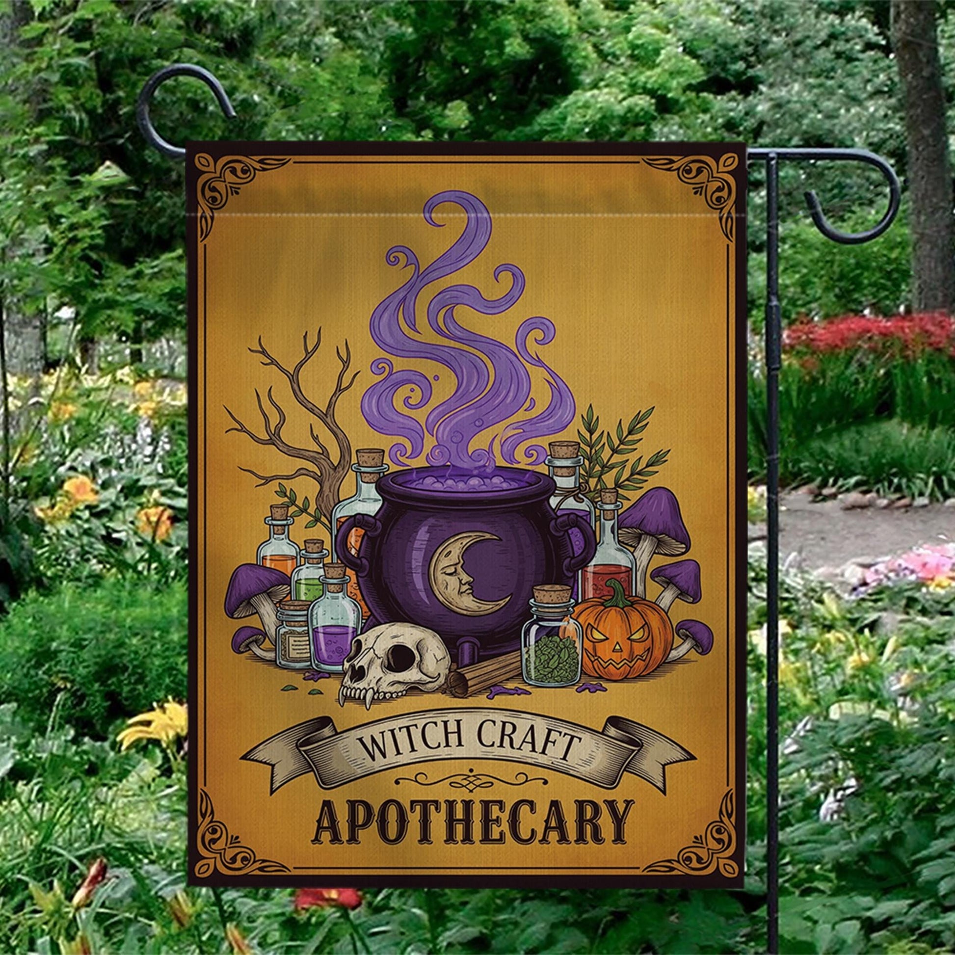 Witch Craft Apothecary Garden Flag, Potion Skull Pumpkin Yard Banner, Spooky Witch Cauldron Fall Outdoor Decor, Halloween Flag