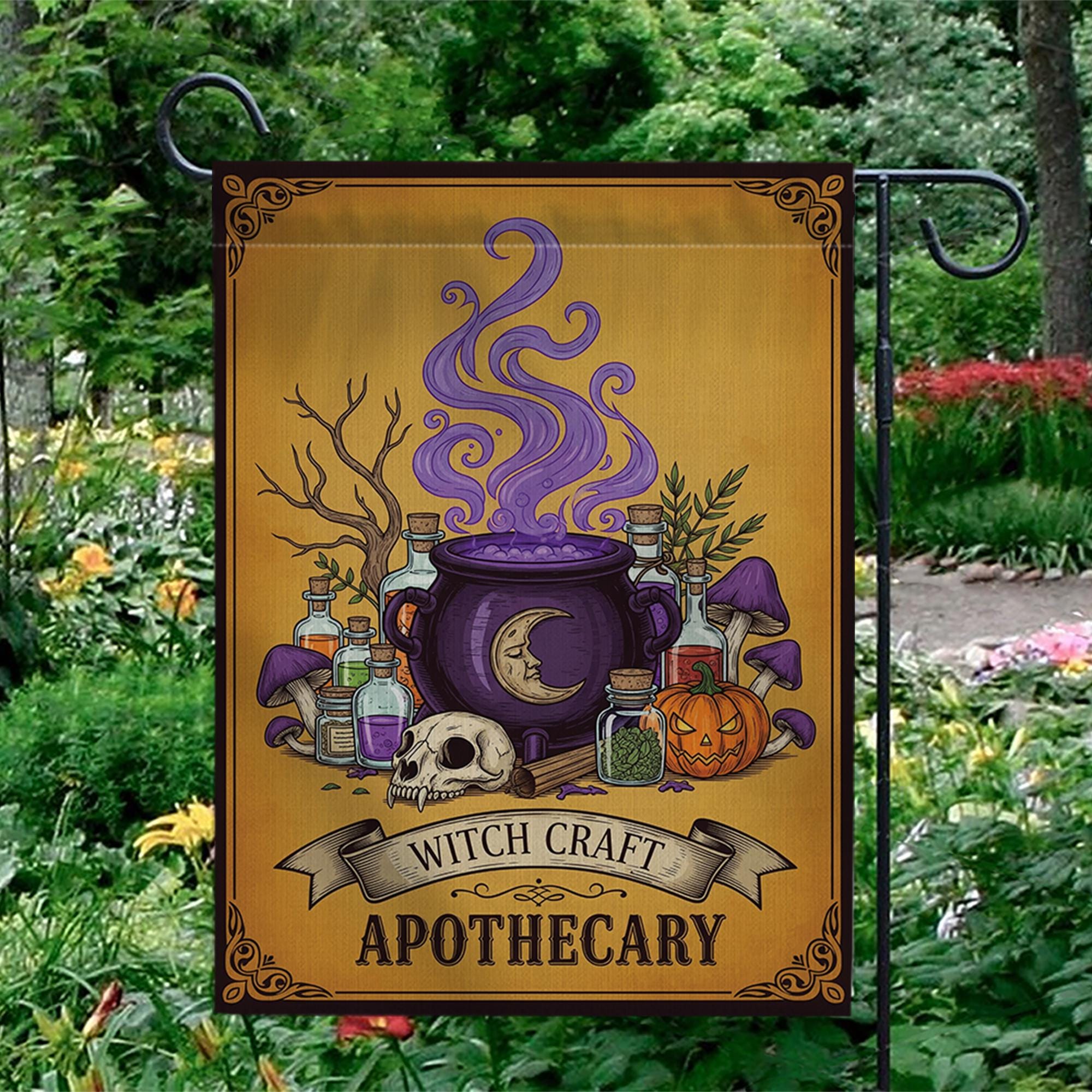 Witch Craft Apothecary Garden Flag, Potion Skull Pumpkin Yard Banner, Spooky Witch Cauldron Fall Outdoor Decor, Halloween Flag