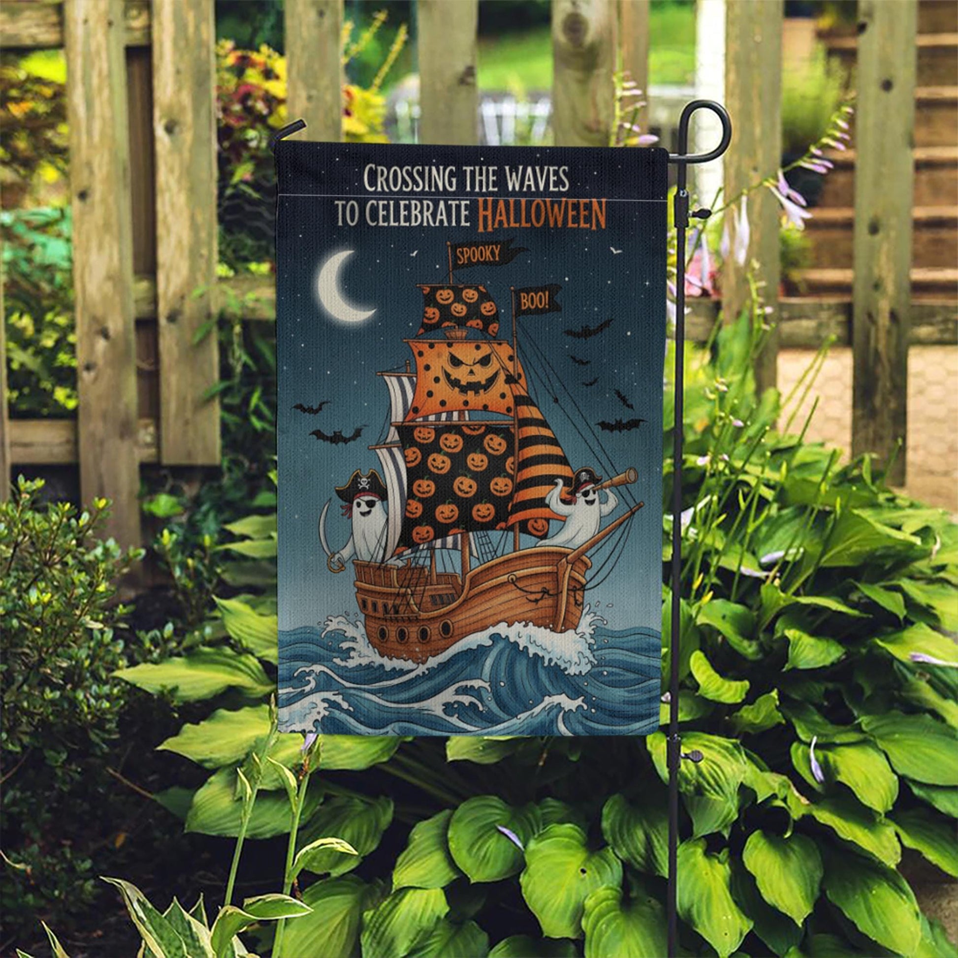 Halloween Pirate Ghost Ship Garden Flag, Spooky Sailing Outdoor Yard Banner, Trick or Treat Skeleton Fall Decor, Nautical Halloween Flag