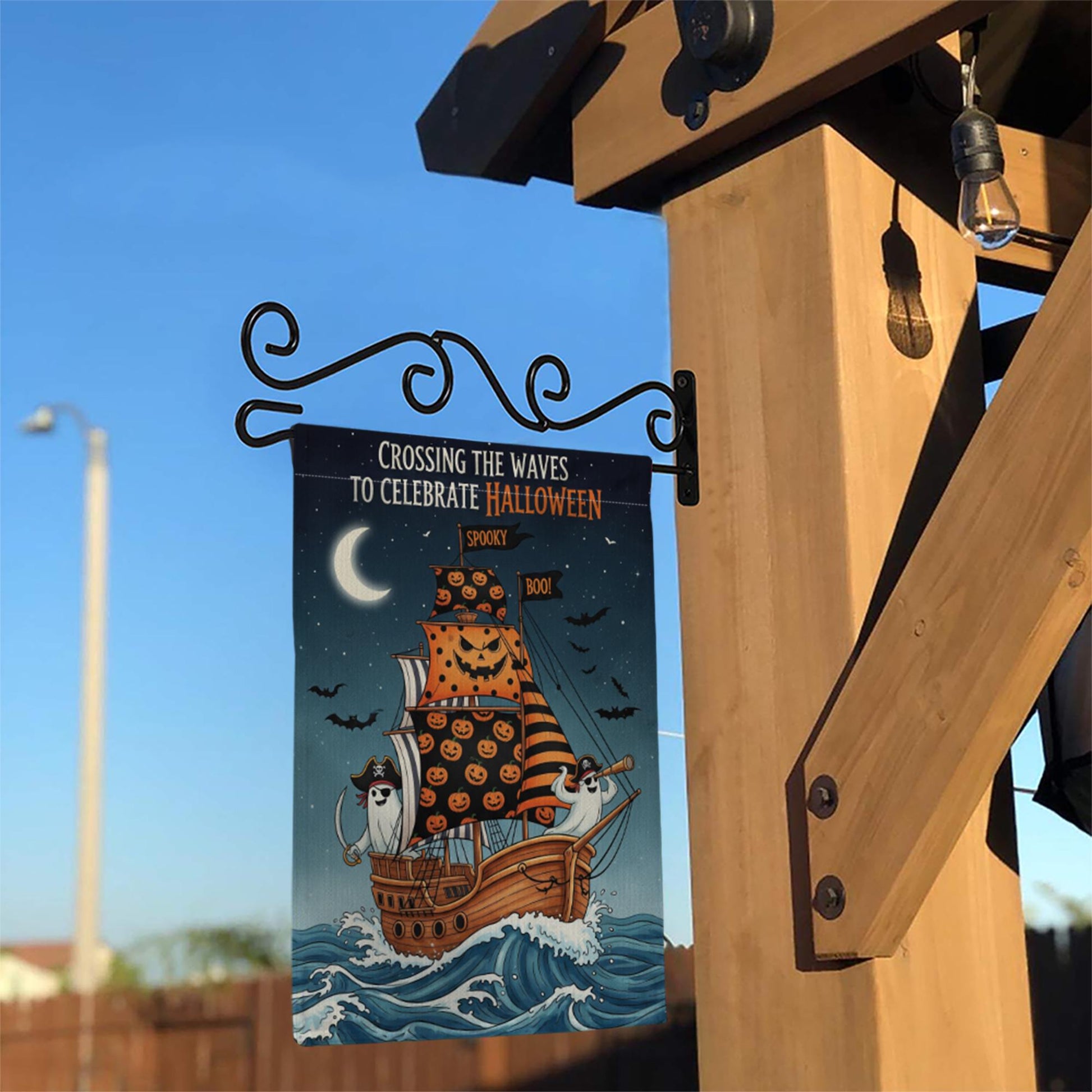 Halloween Pirate Ghost Ship Garden Flag, Spooky Sailing Outdoor Yard Banner, Trick or Treat Skeleton Fall Decor, Nautical Halloween Flag