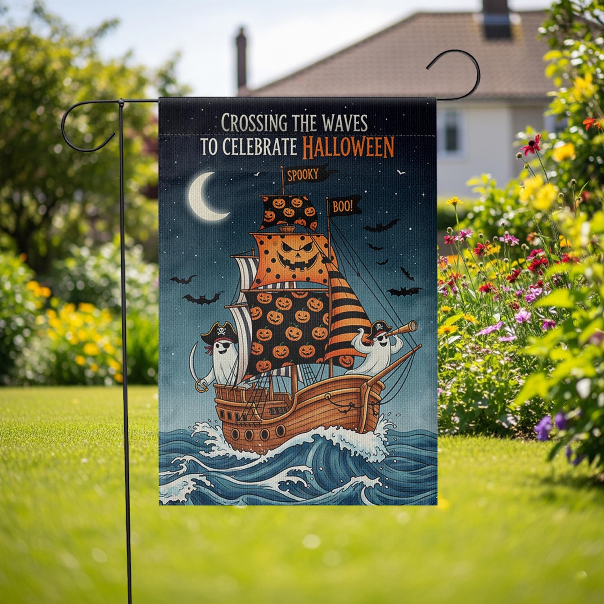 Halloween Pirate Ghost Ship Garden Flag, Spooky Sailing Outdoor Yard Banner, Trick or Treat Skeleton Fall Decor, Nautical Halloween Flag