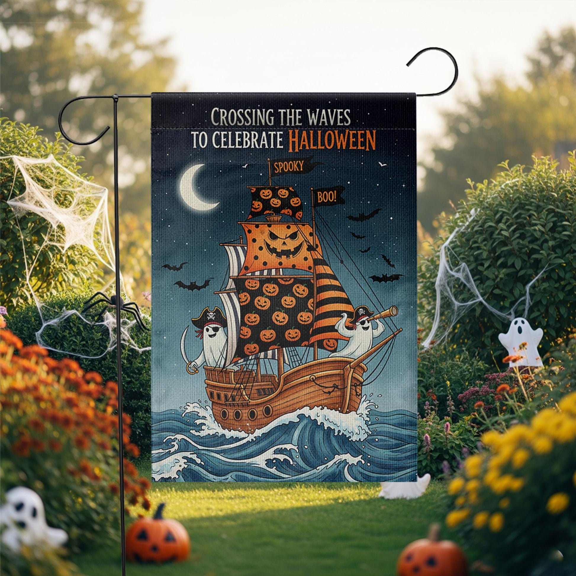 Halloween Pirate Ghost Ship Garden Flag, Spooky Sailing Outdoor Yard Banner, Trick or Treat Skeleton Fall Decor, Nautical Halloween Flag