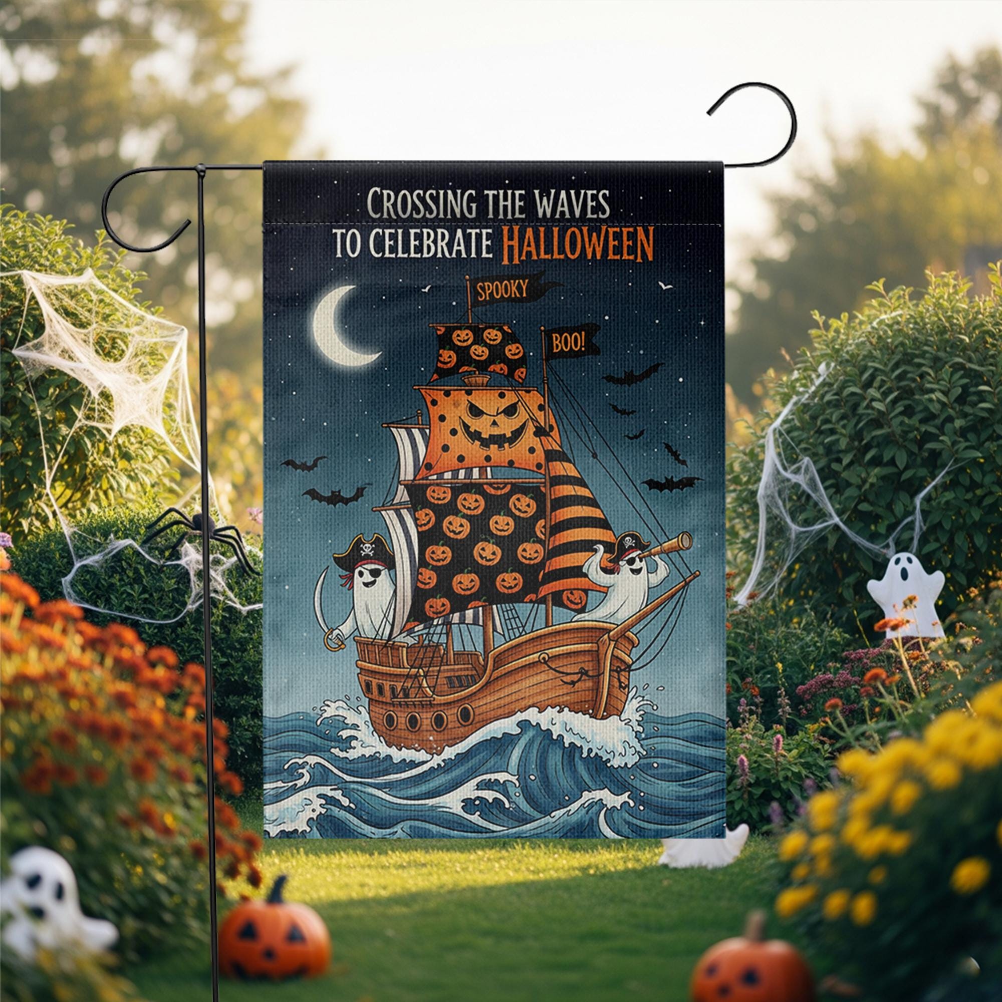 Halloween Pirate Ghost Ship Garden Flag, Spooky Sailing Outdoor Yard Banner, Trick or Treat Skeleton Fall Decor, Nautical Halloween Flag