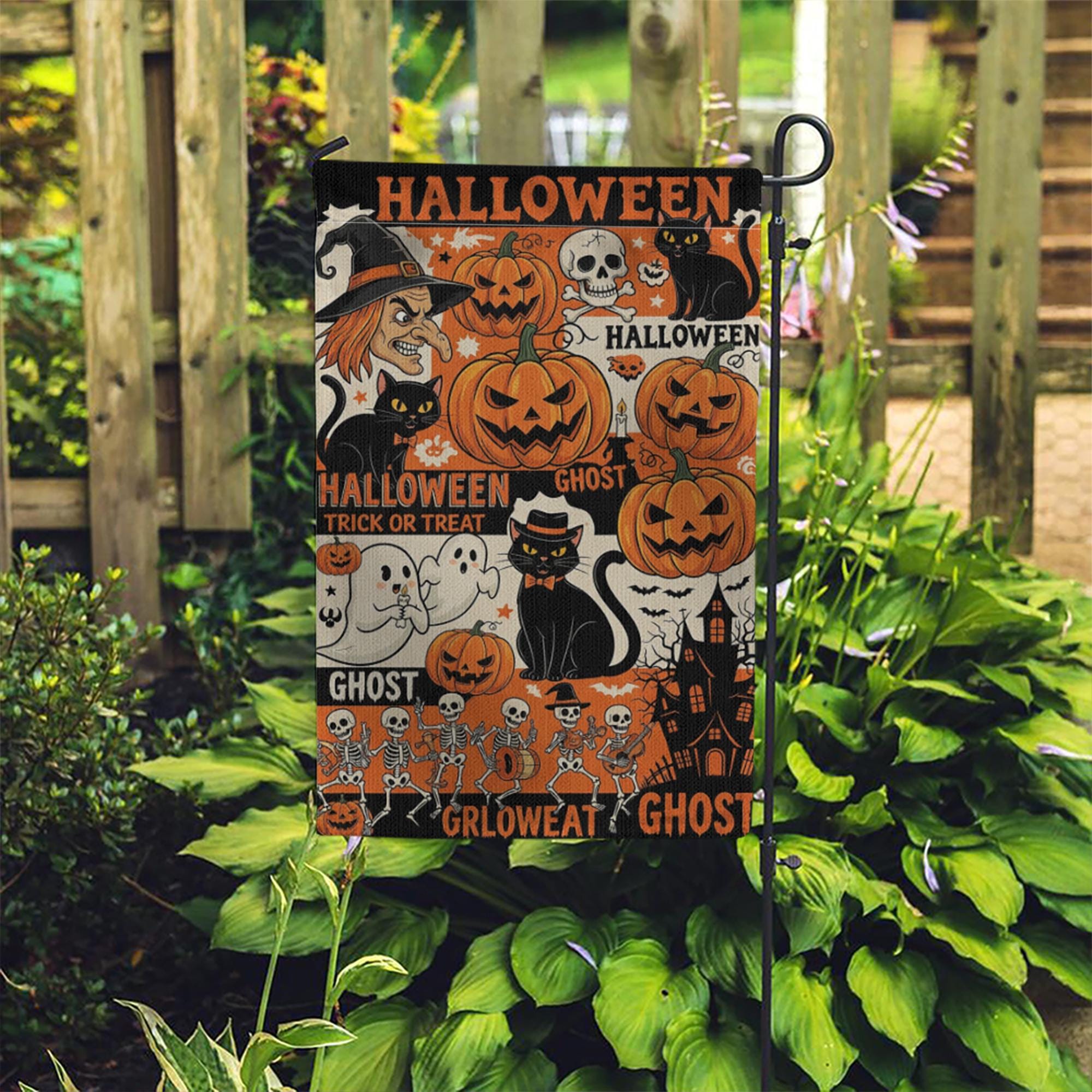 Vintage Halloween Collage Garden Flag, Witch Pumpkin Ghost Skeleton Outdoor Yard Banner, Spooky Fall Trick or Treat Decor