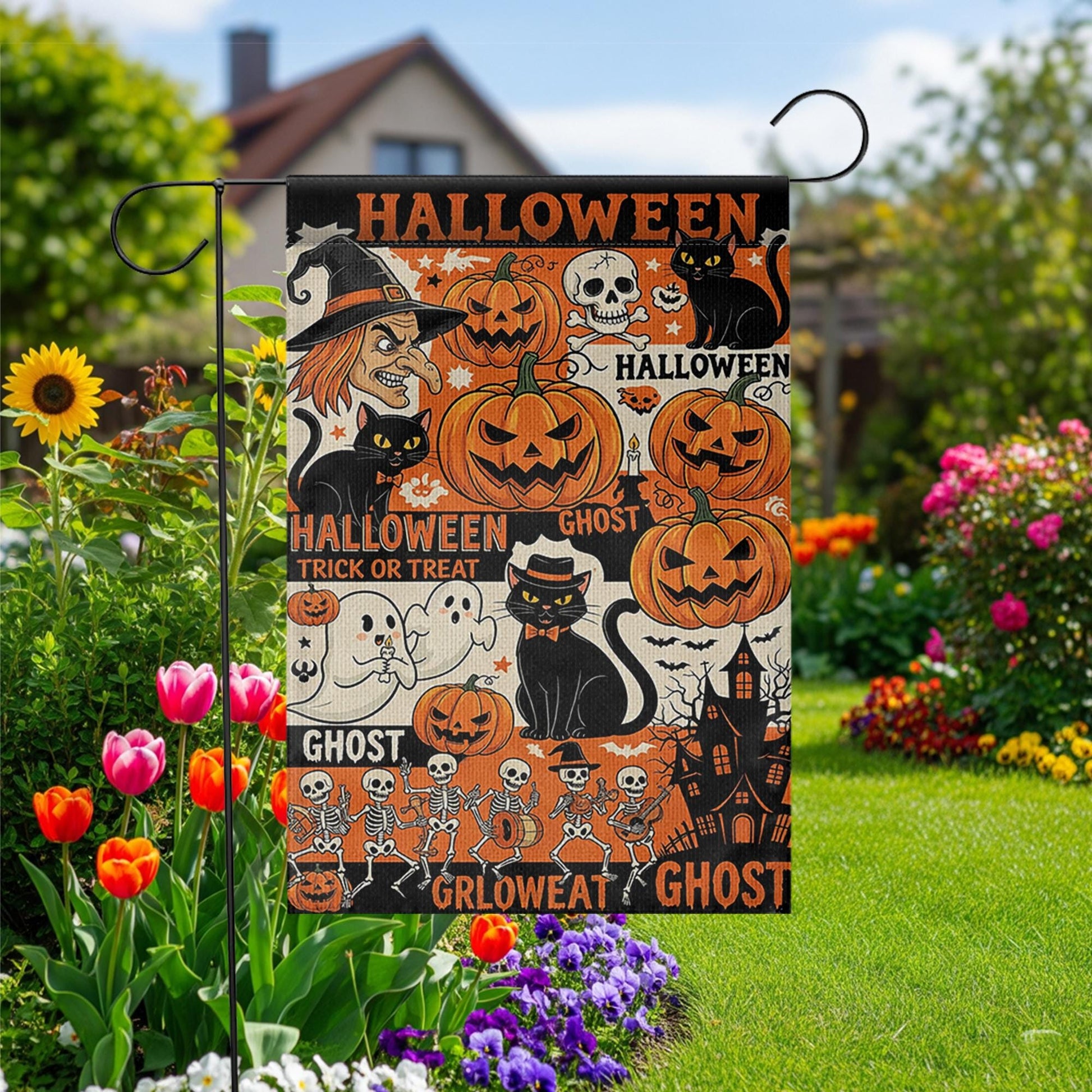 Vintage Halloween Collage Garden Flag, Witch Pumpkin Ghost Skeleton Outdoor Yard Banner, Spooky Fall Trick or Treat Decor