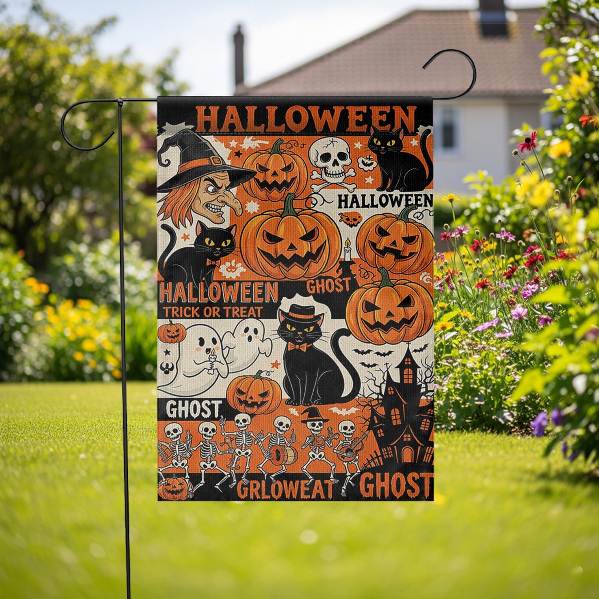 Vintage Halloween Collage Garden Flag, Witch Pumpkin Ghost Skeleton Outdoor Yard Banner, Spooky Fall Trick or Treat Decor