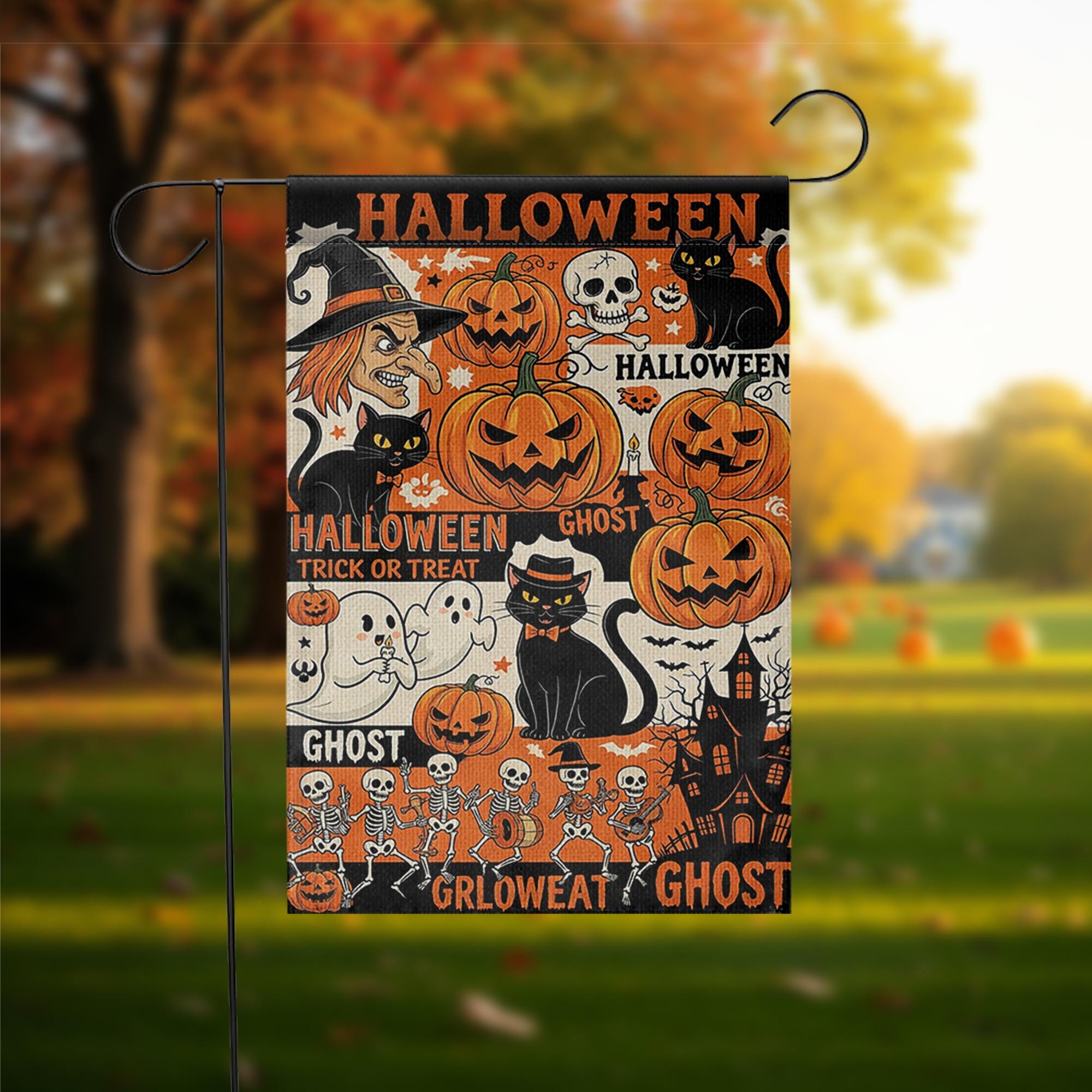 Vintage Halloween Collage Garden Flag, Witch Pumpkin Ghost Skeleton Outdoor Yard Banner, Spooky Fall Trick or Treat Decor