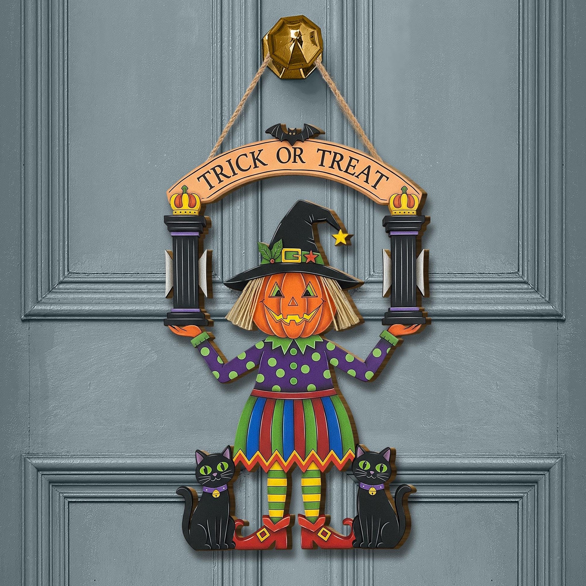Halloween Pumpkin Witch Door Hanger, Trick or Treat Black Cat Wooden Wall Sign, Fall Front Porch Door Decor, Cute Witch Plaque