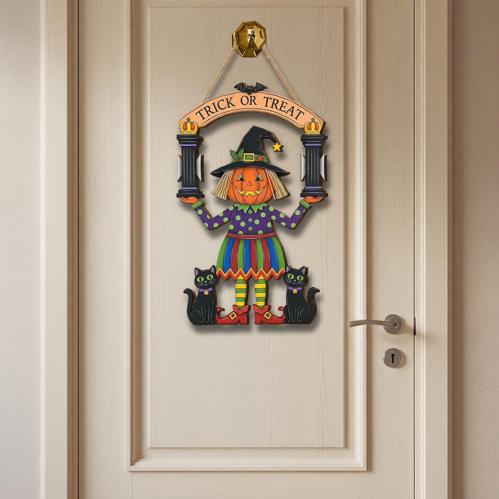 Halloween Pumpkin Witch Door Hanger, Trick or Treat Black Cat Wooden Wall Sign, Fall Front Porch Door Decor, Cute Witch Plaque