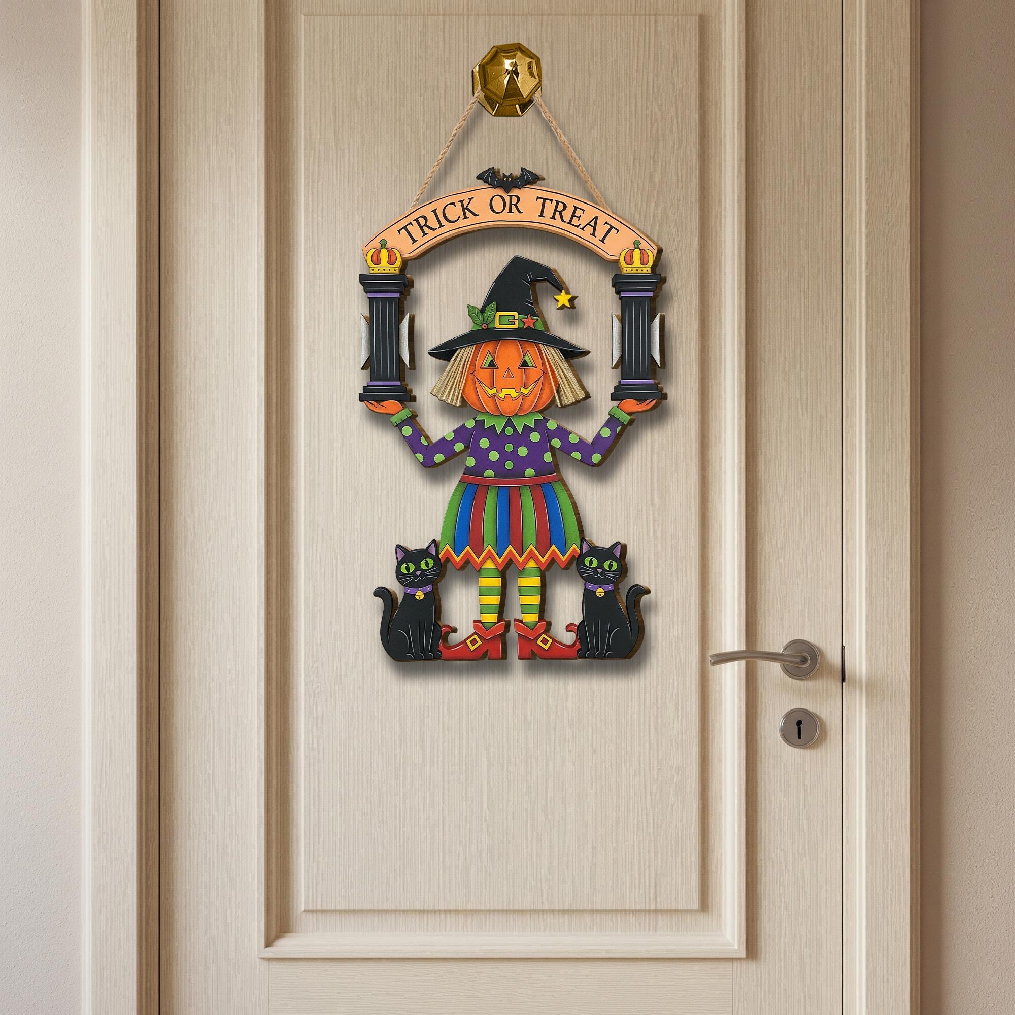 Halloween Pumpkin Witch Door Hanger, Trick or Treat Black Cat Wooden Wall Sign, Fall Front Porch Door Decor, Cute Witch Plaque